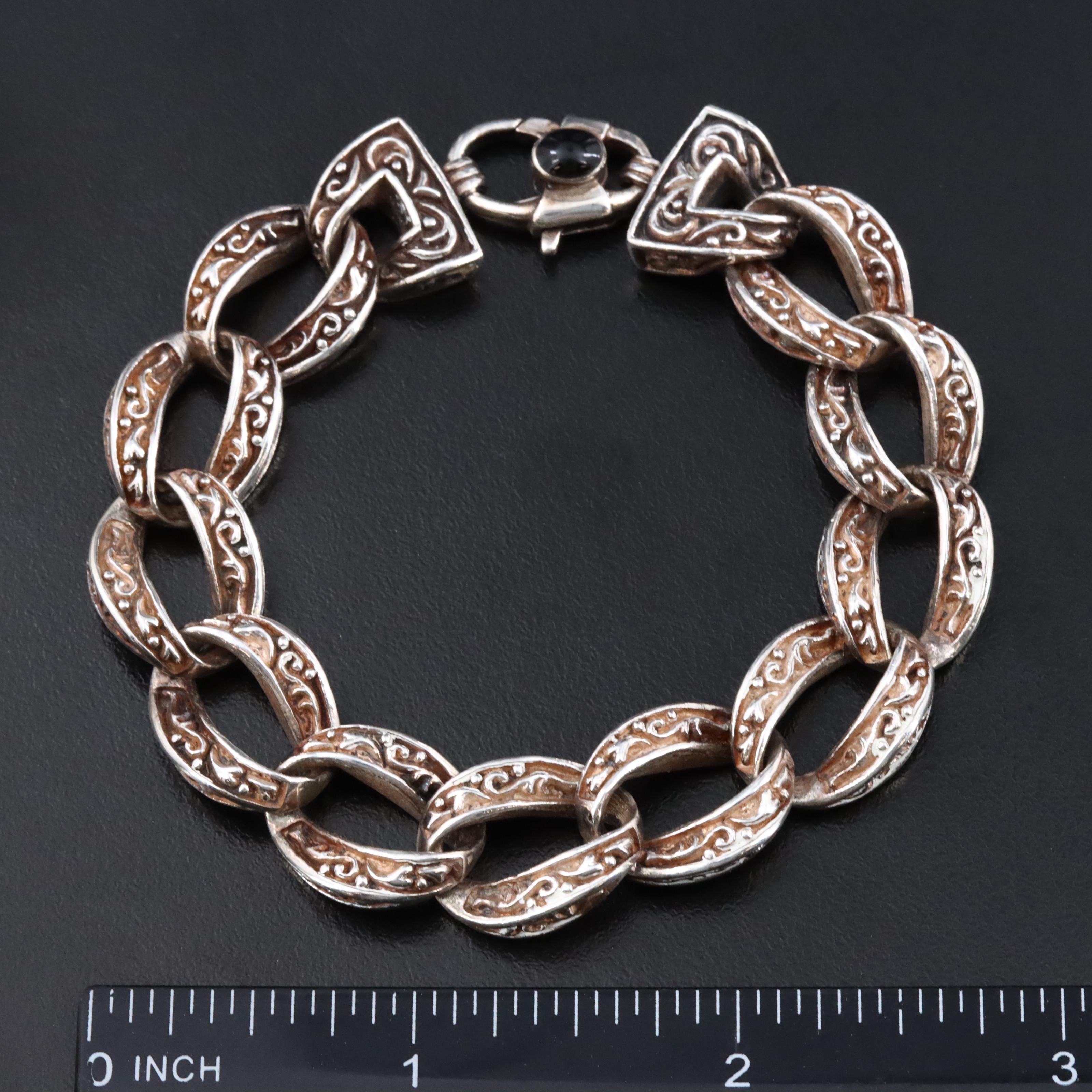 Sterling Patterned Curb Chain Bracelet with Obsidian Accent