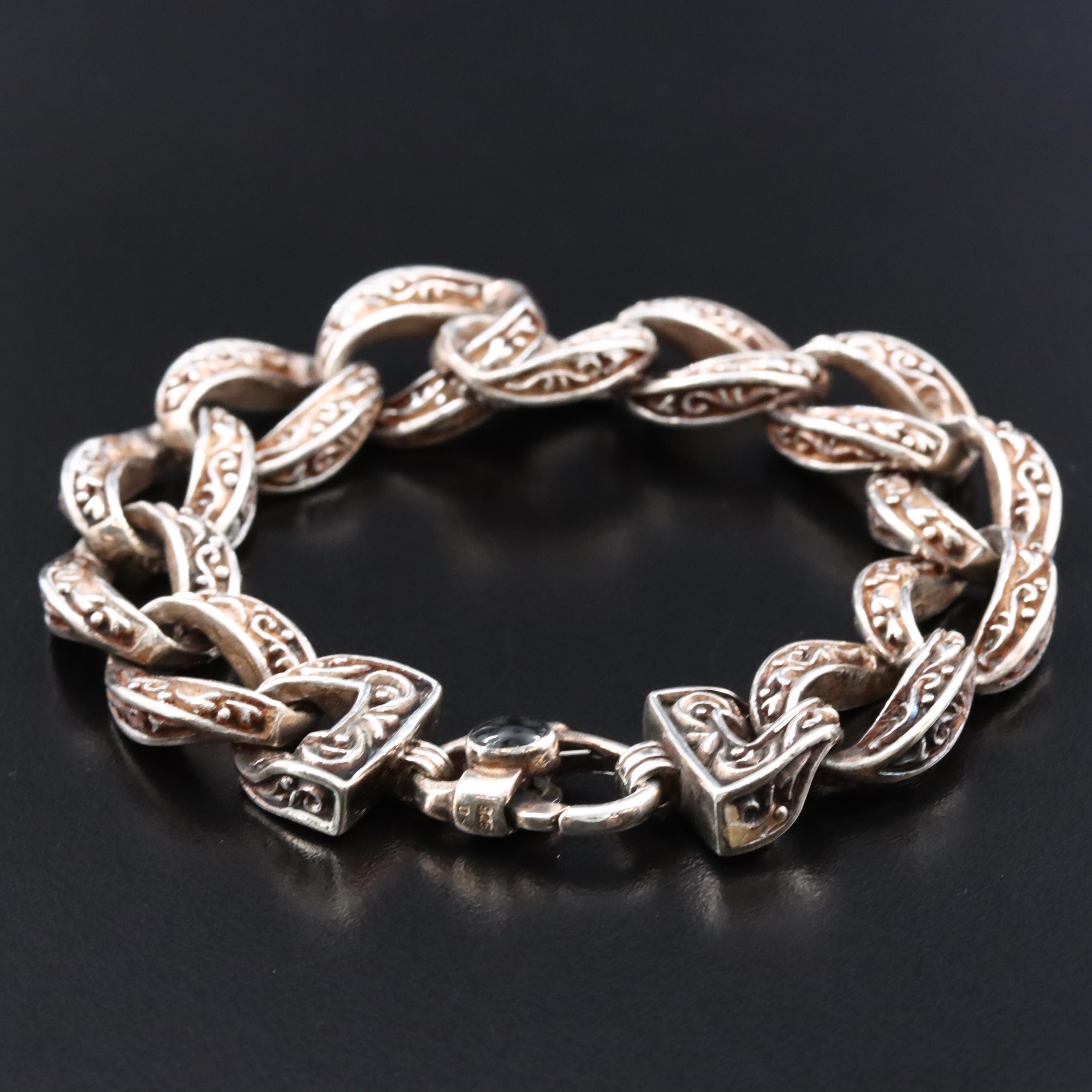 Sterling Patterned Curb Chain Bracelet with Obsidian Accent