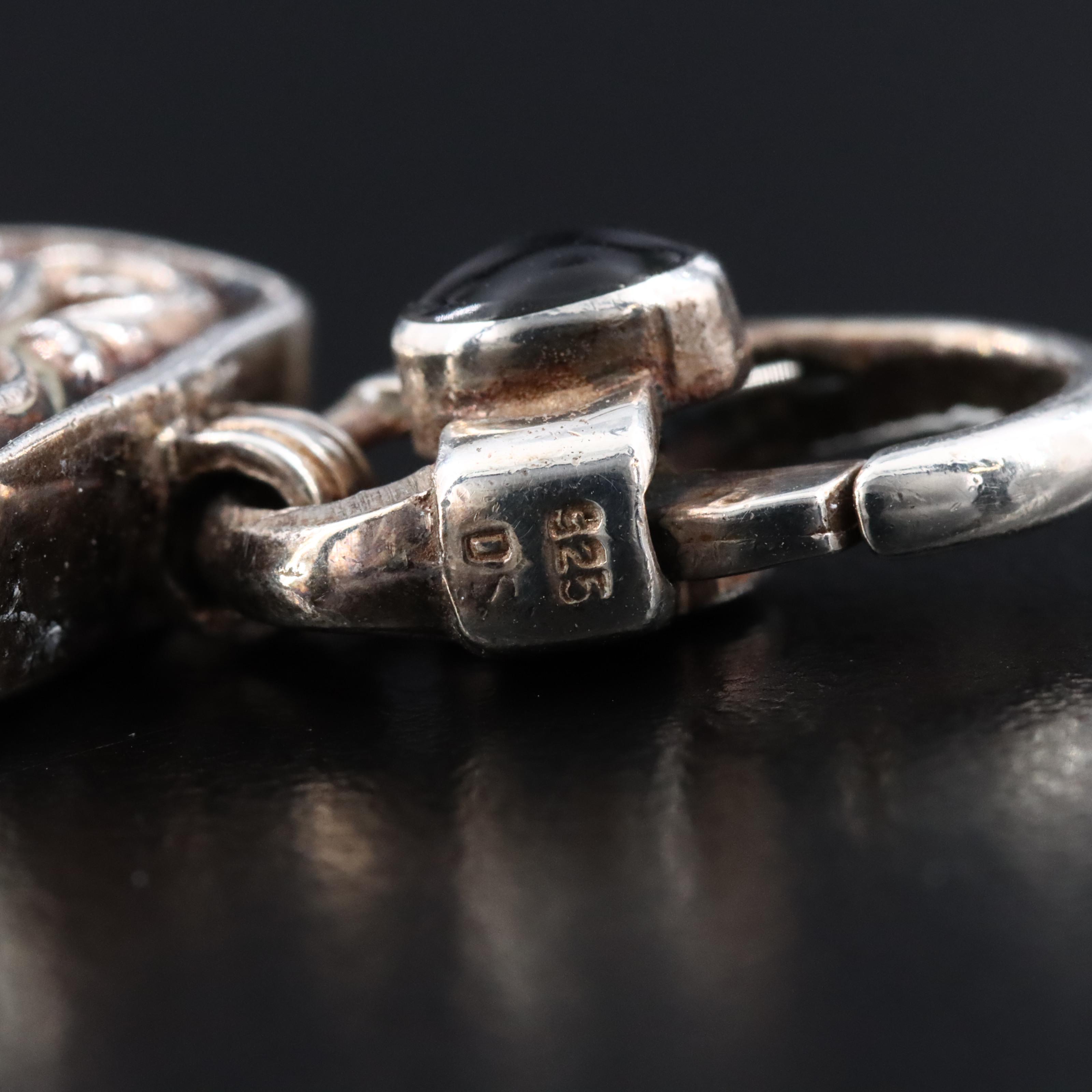 Sterling Patterned Curb Chain Bracelet with Obsidian Accent