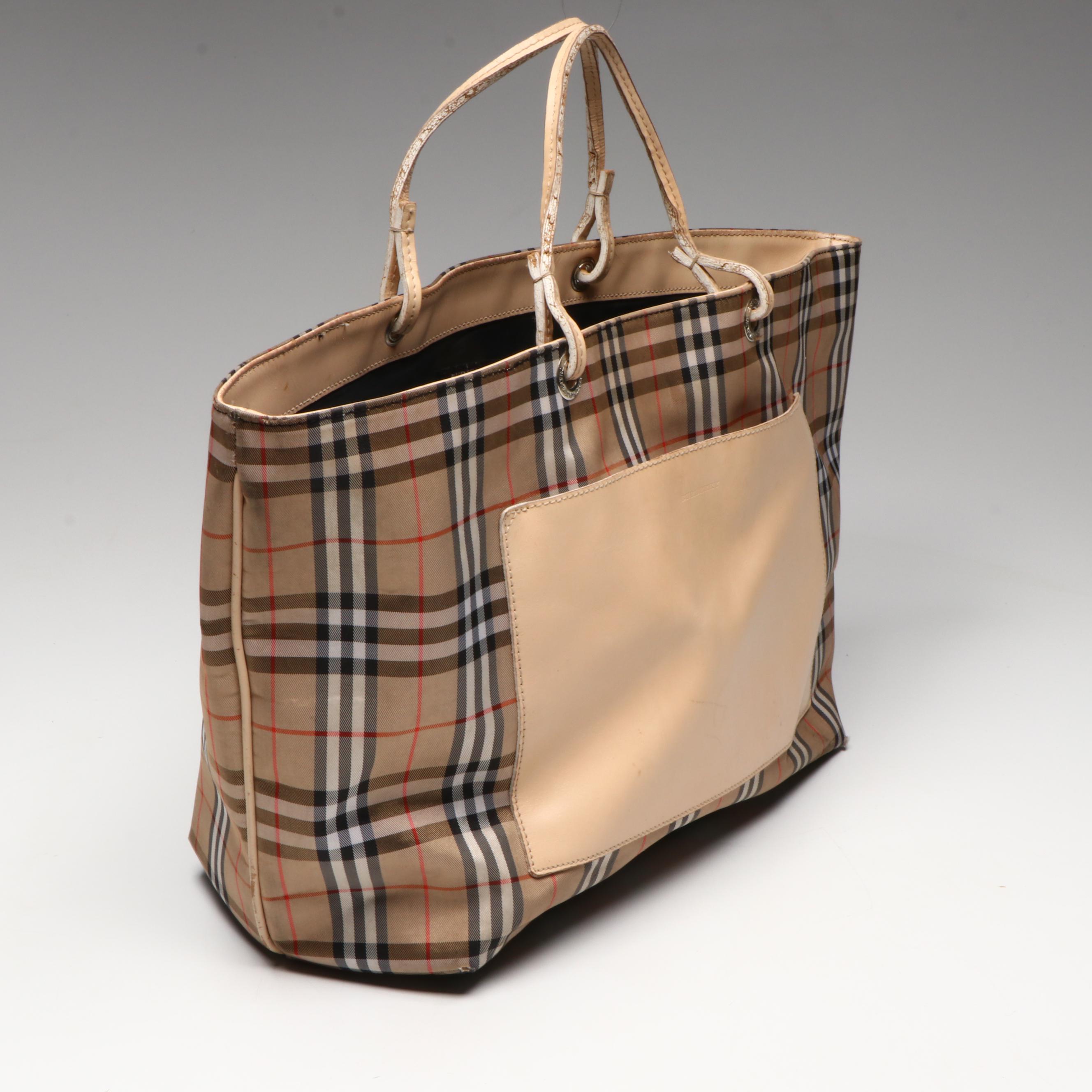 Burberry Leather Handle Tote in Nova Check Nylon Canvas and Leather