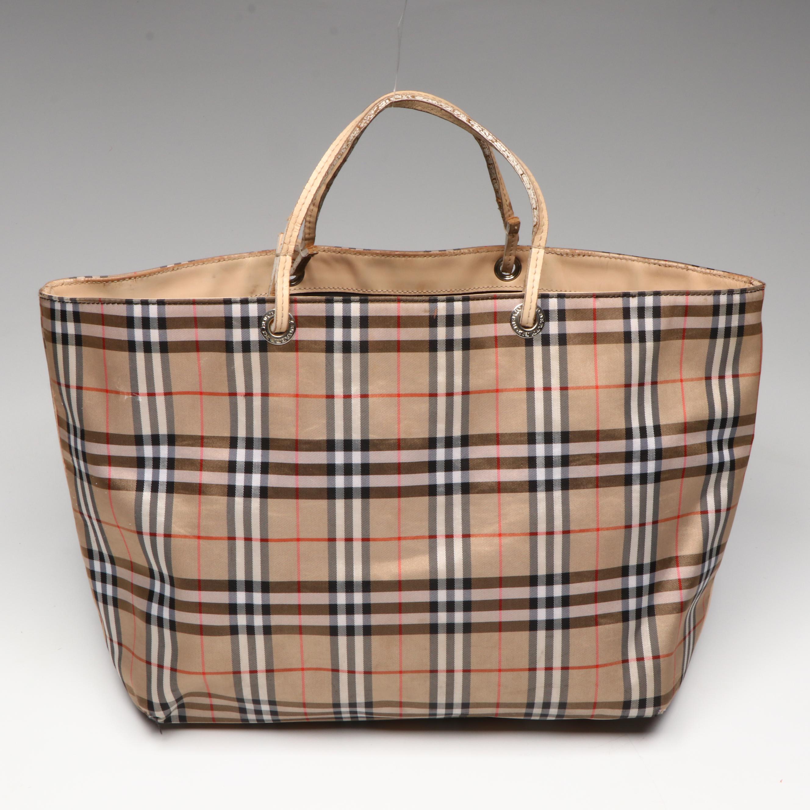 Burberry Leather Handle Tote in Nova Check Nylon Canvas and Leather