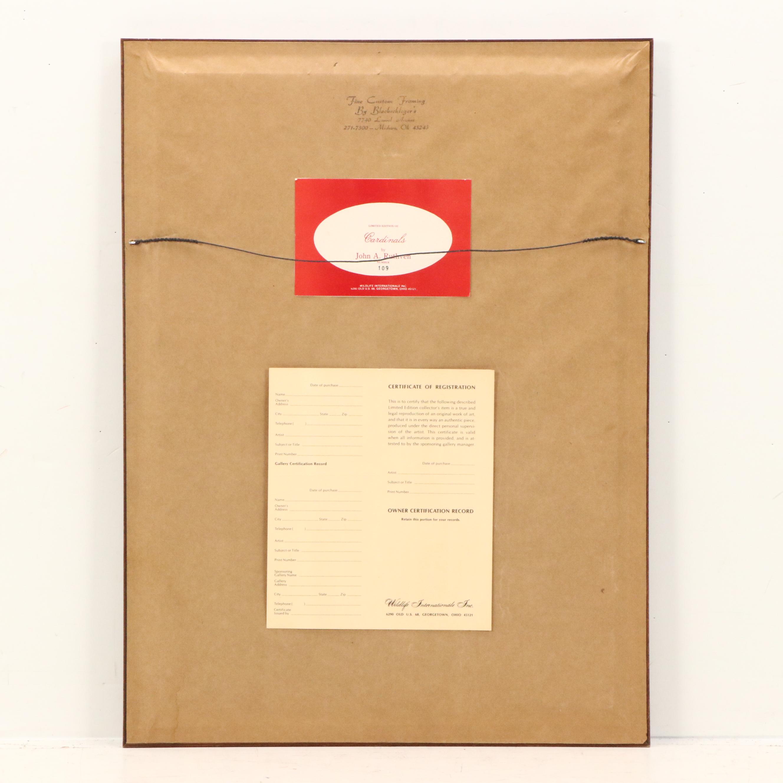 John A. Ruthven Offset Lithograph "Cardinals," Late 20th Century