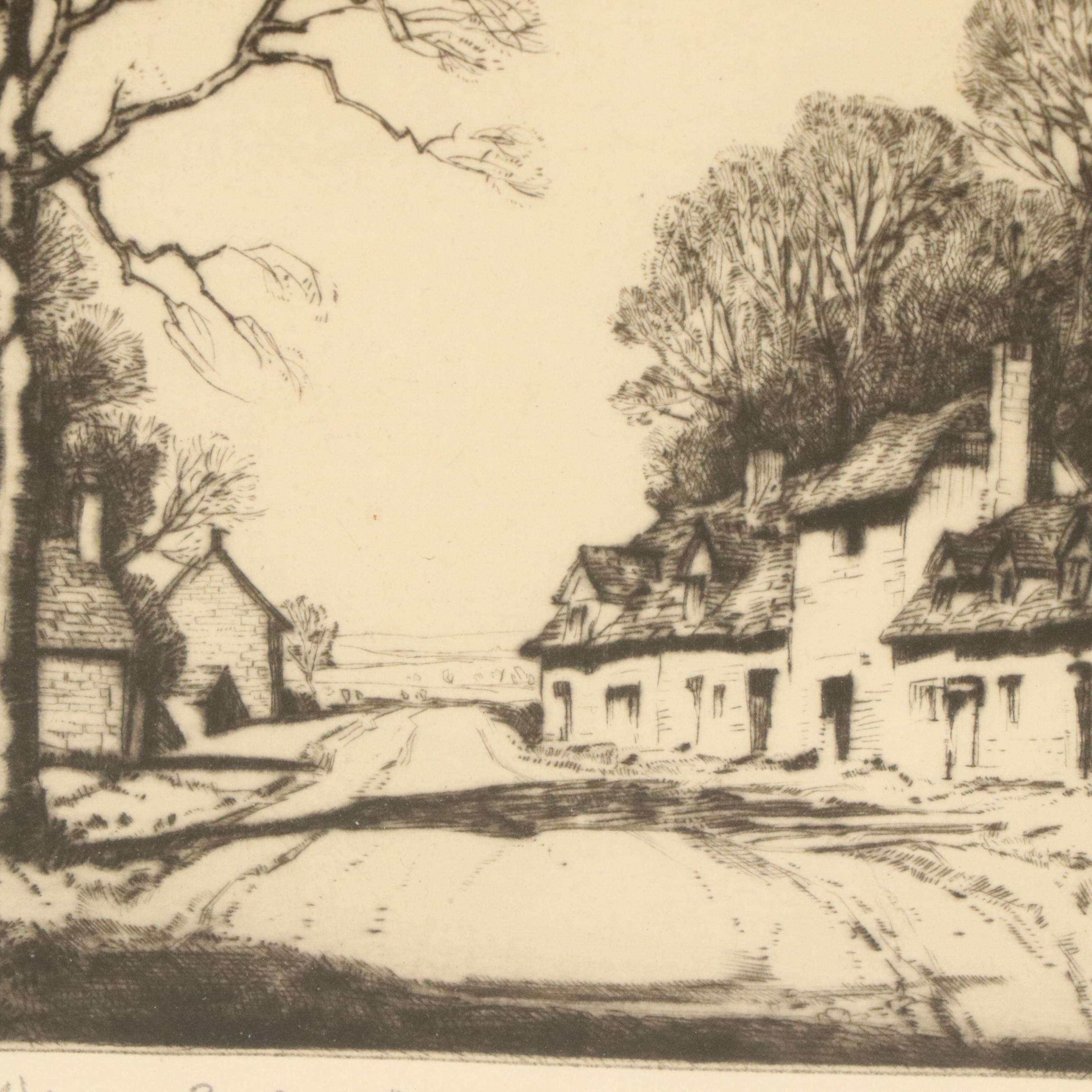 Freda Marston Drypoint Etching "In The Cotswolds, Near Broadway"