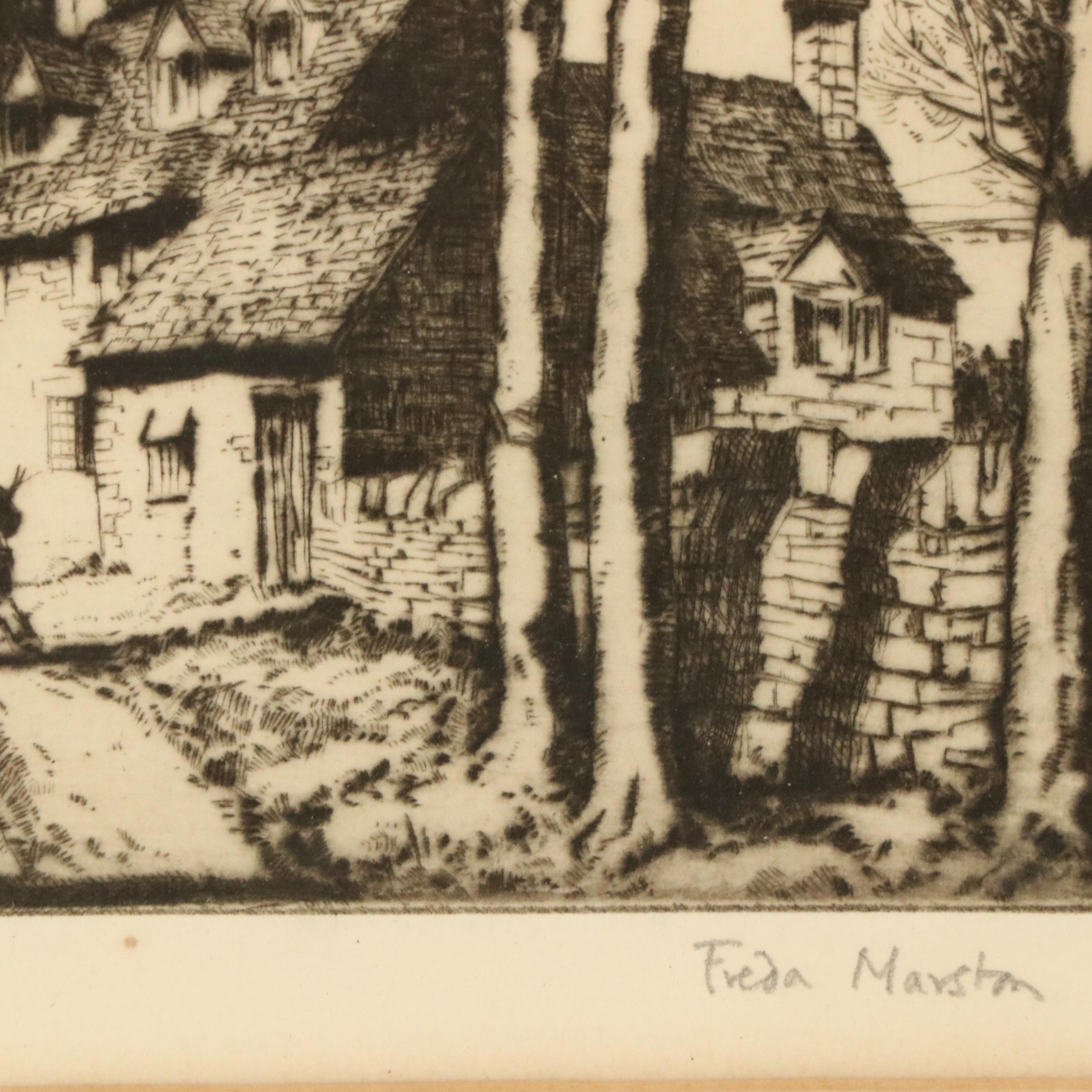 Freda Marston Drypoint Etching "In The Cotswolds, Near Broadway"