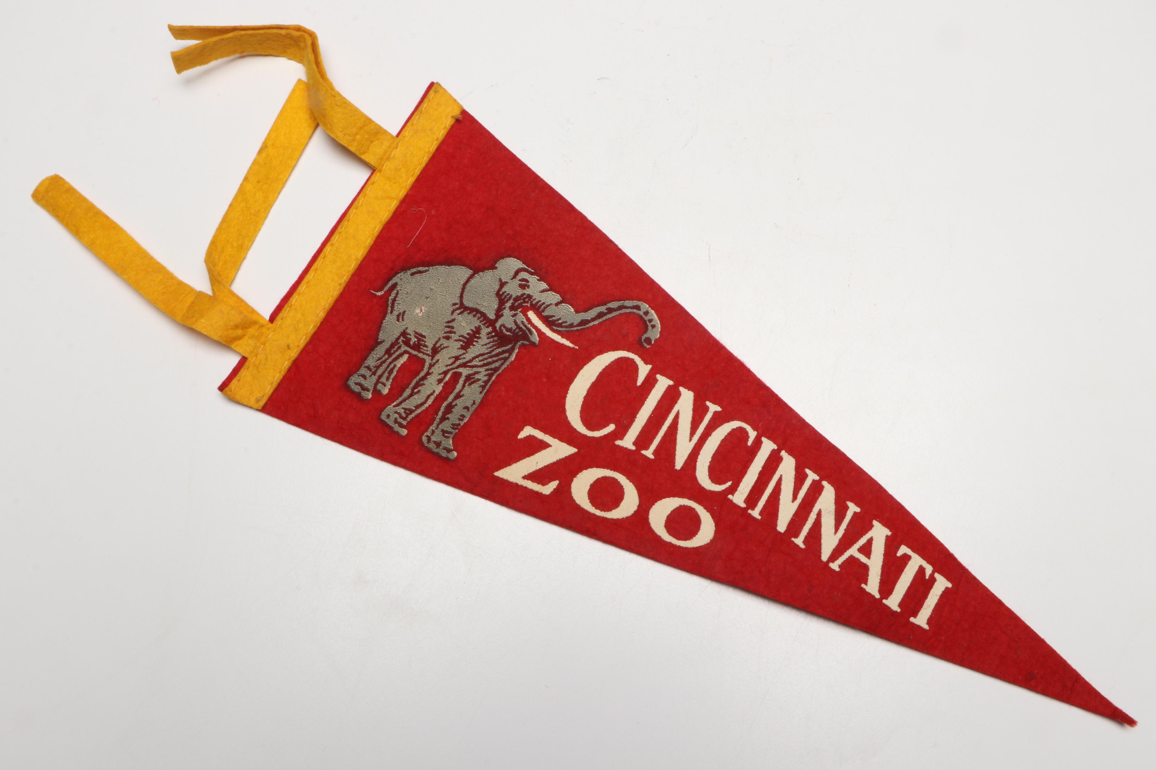 Cincinnati Zoo Felt Pennant Souvenir Flags with Cap, Mid-20th Century