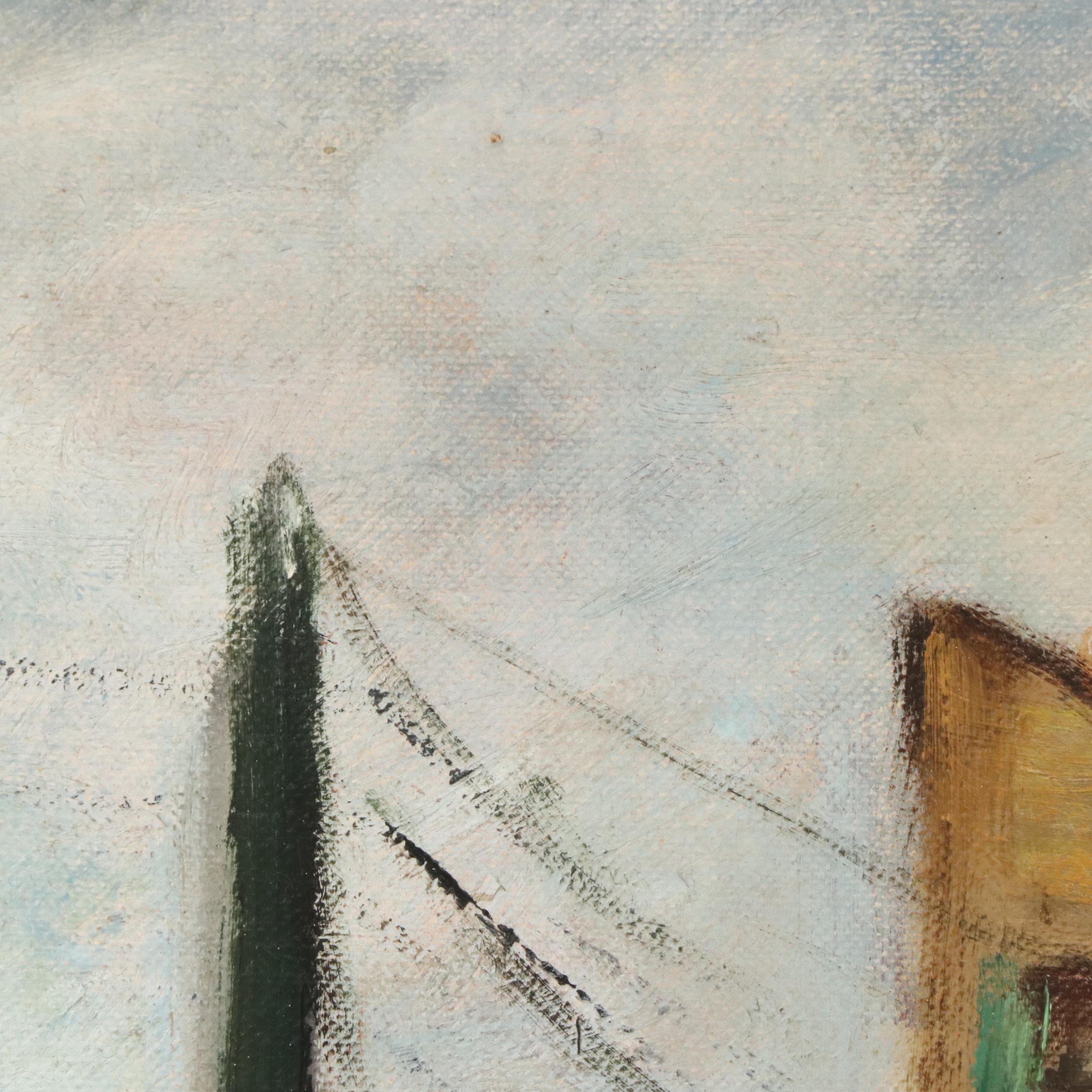 Waite Hoyt Oil Painting of Street Scene with Train, 20th Century
