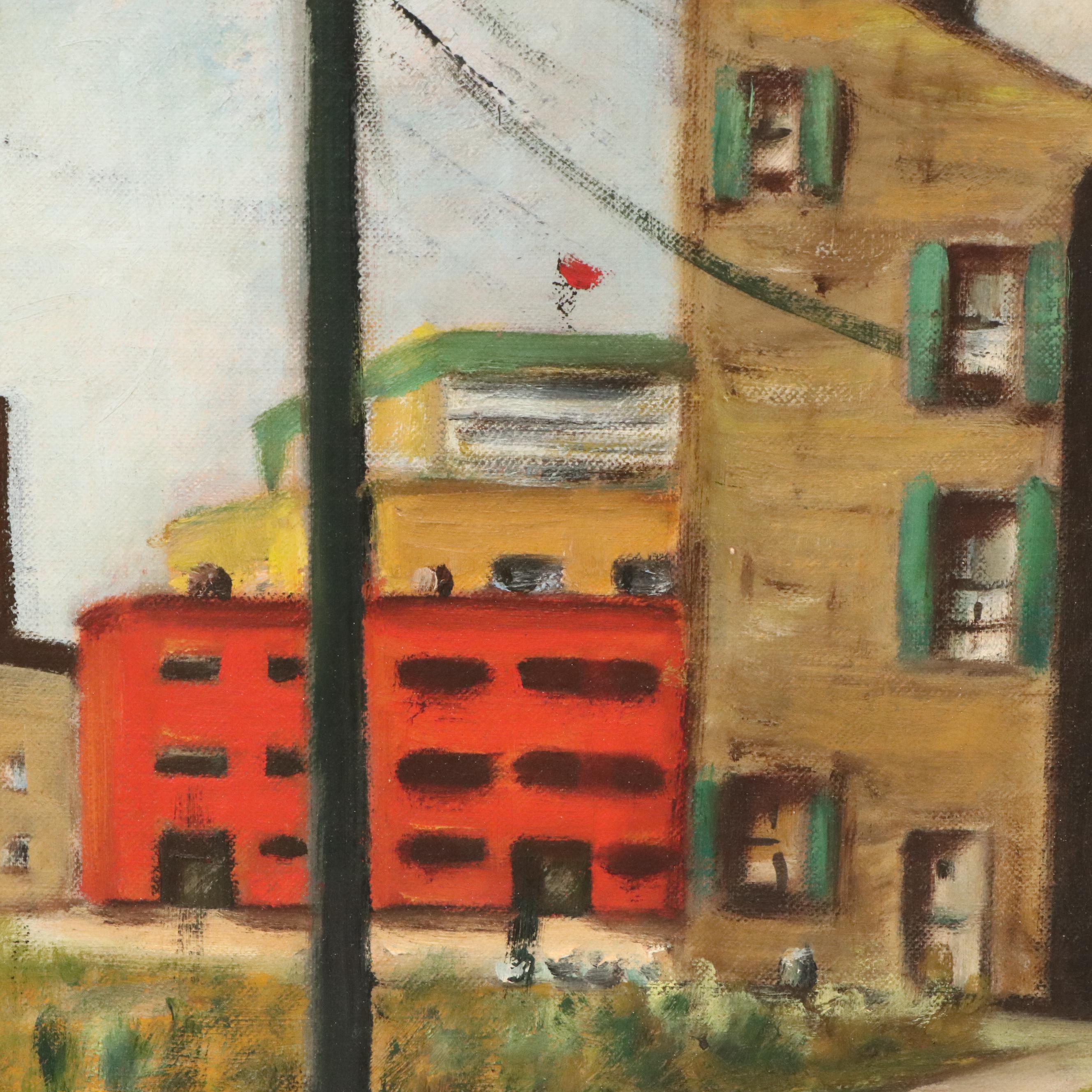 Waite Hoyt Oil Painting of Street Scene with Train, 20th Century
