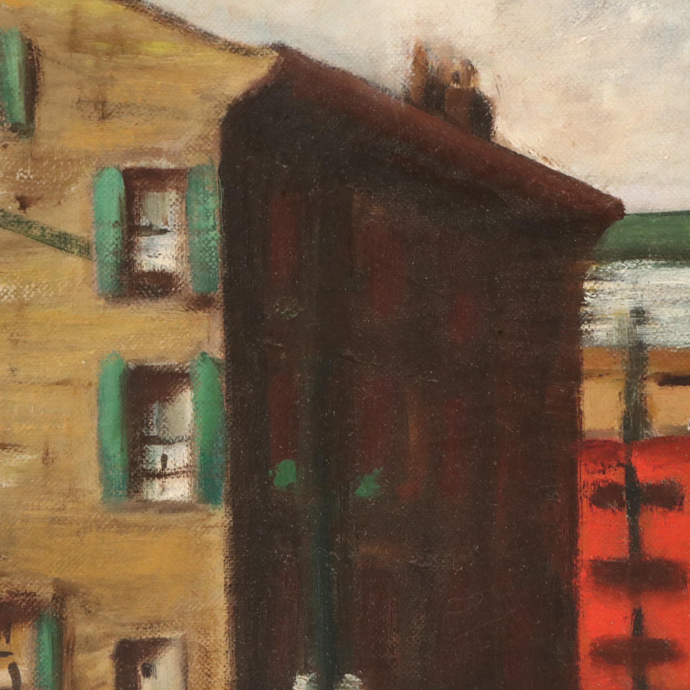 Waite Hoyt Oil Painting of Street Scene with Train, 20th Century