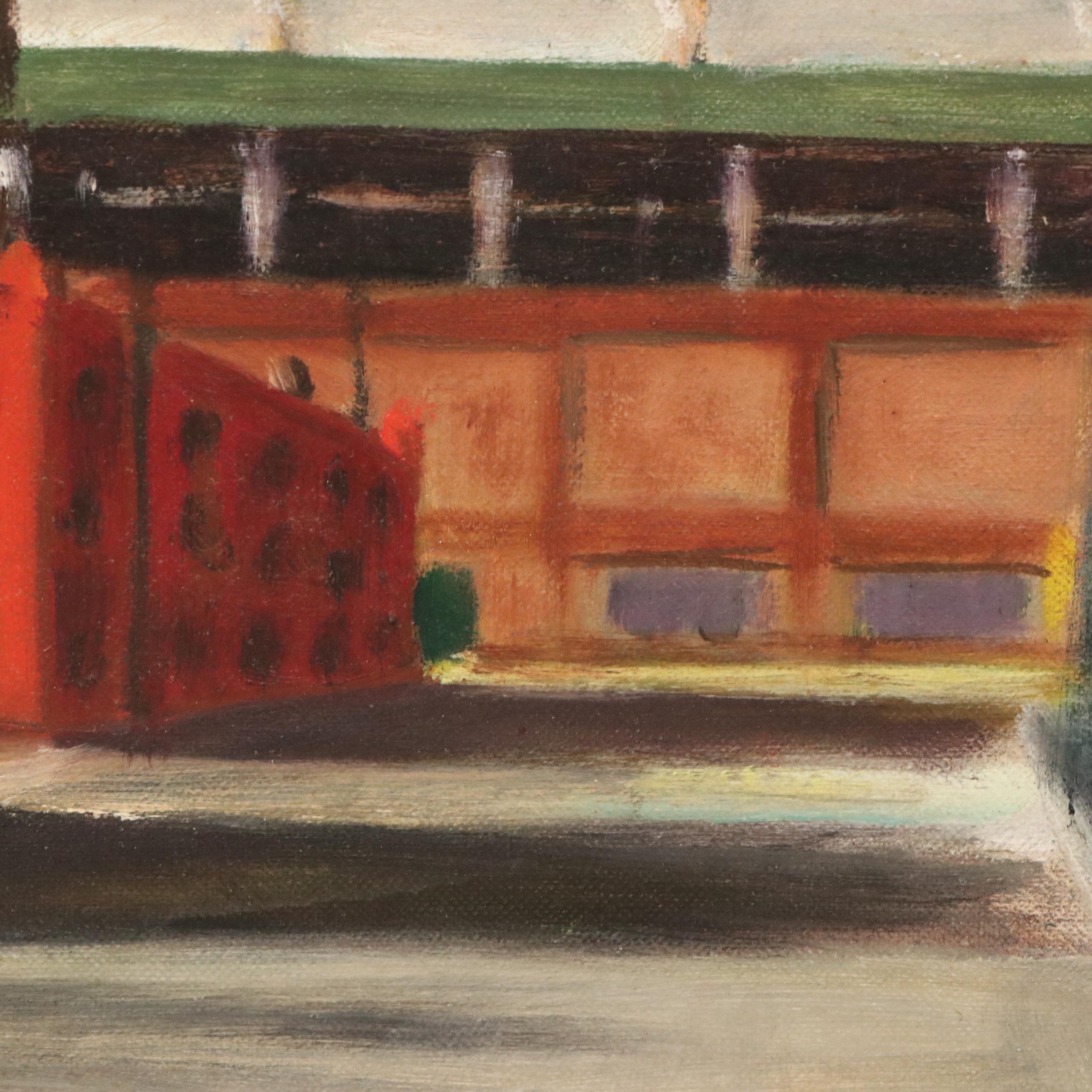 Waite Hoyt Oil Painting of Street Scene with Train, 20th Century