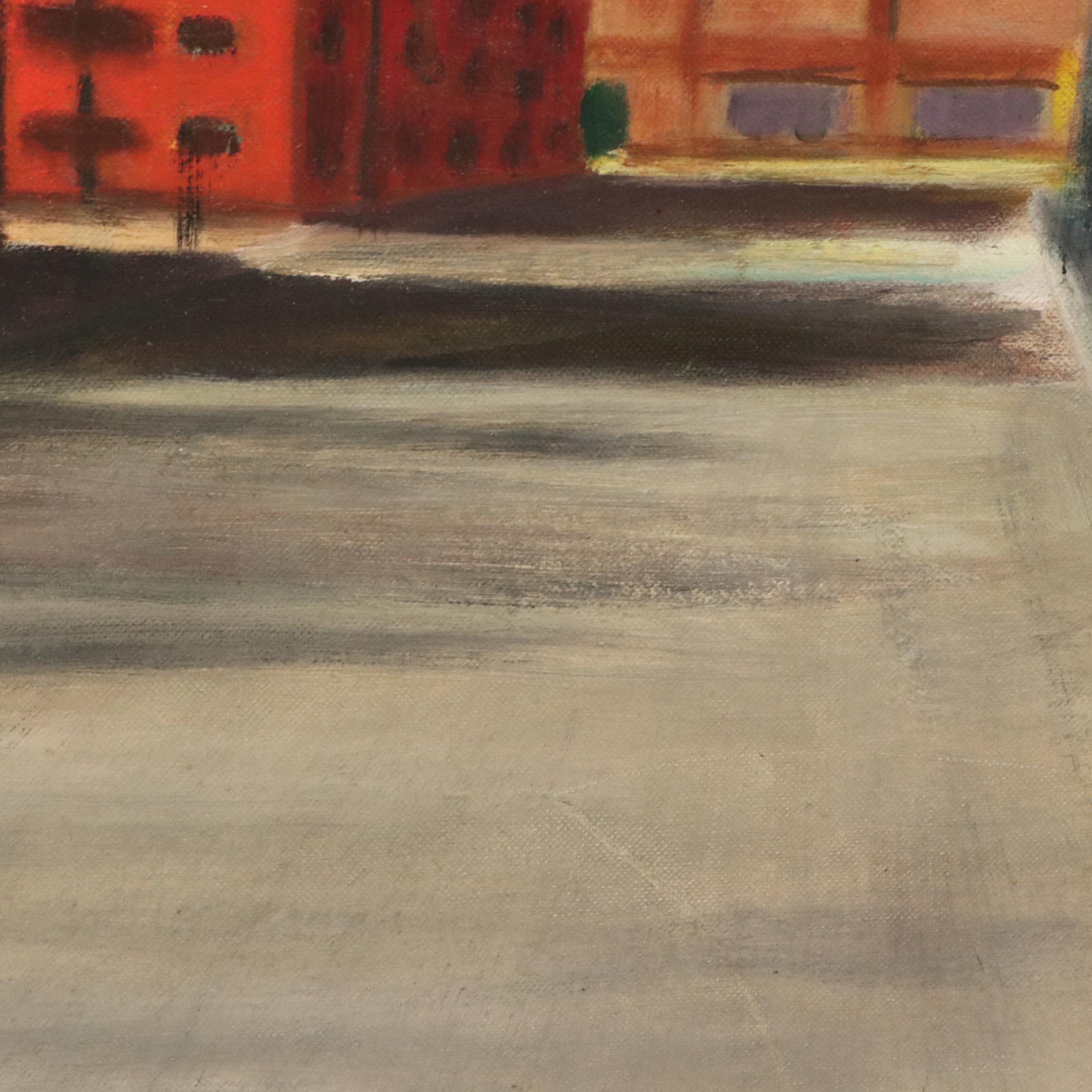 Waite Hoyt Oil Painting of Street Scene with Train, 20th Century