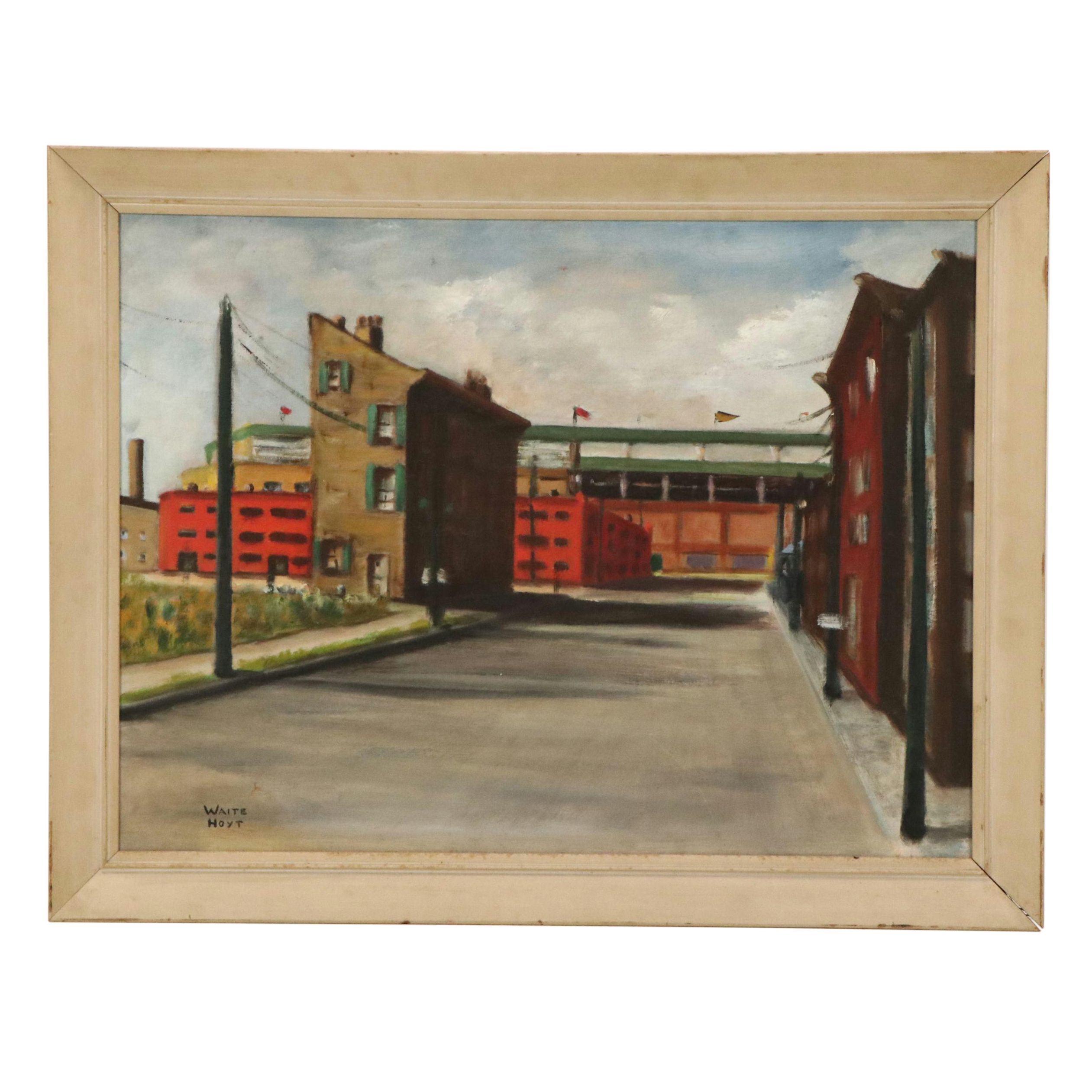 Waite Hoyt Oil Painting of Street Scene with Train, 20th Century