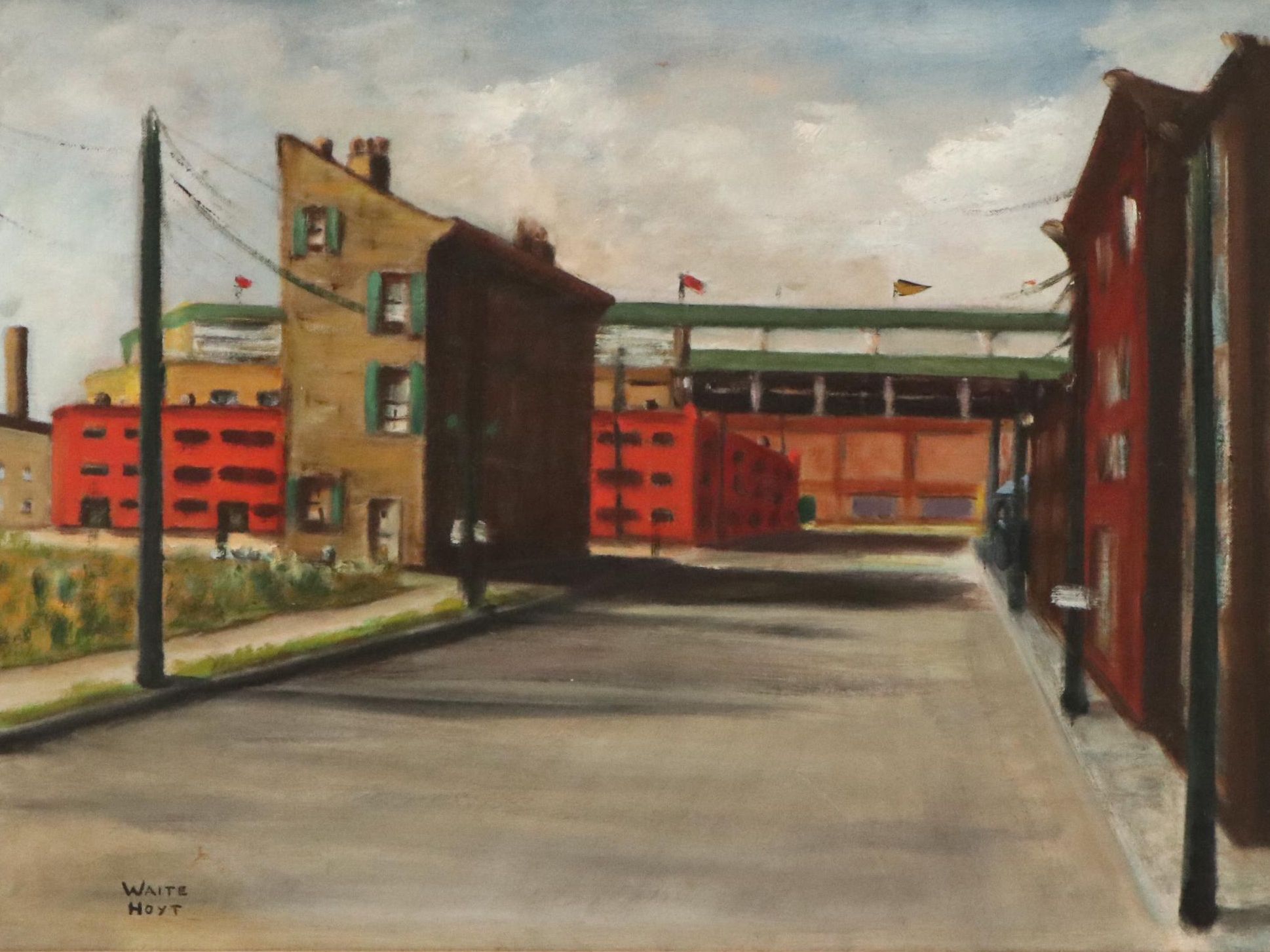 Waite Hoyt Oil Painting of Street Scene with Train, 20th Century