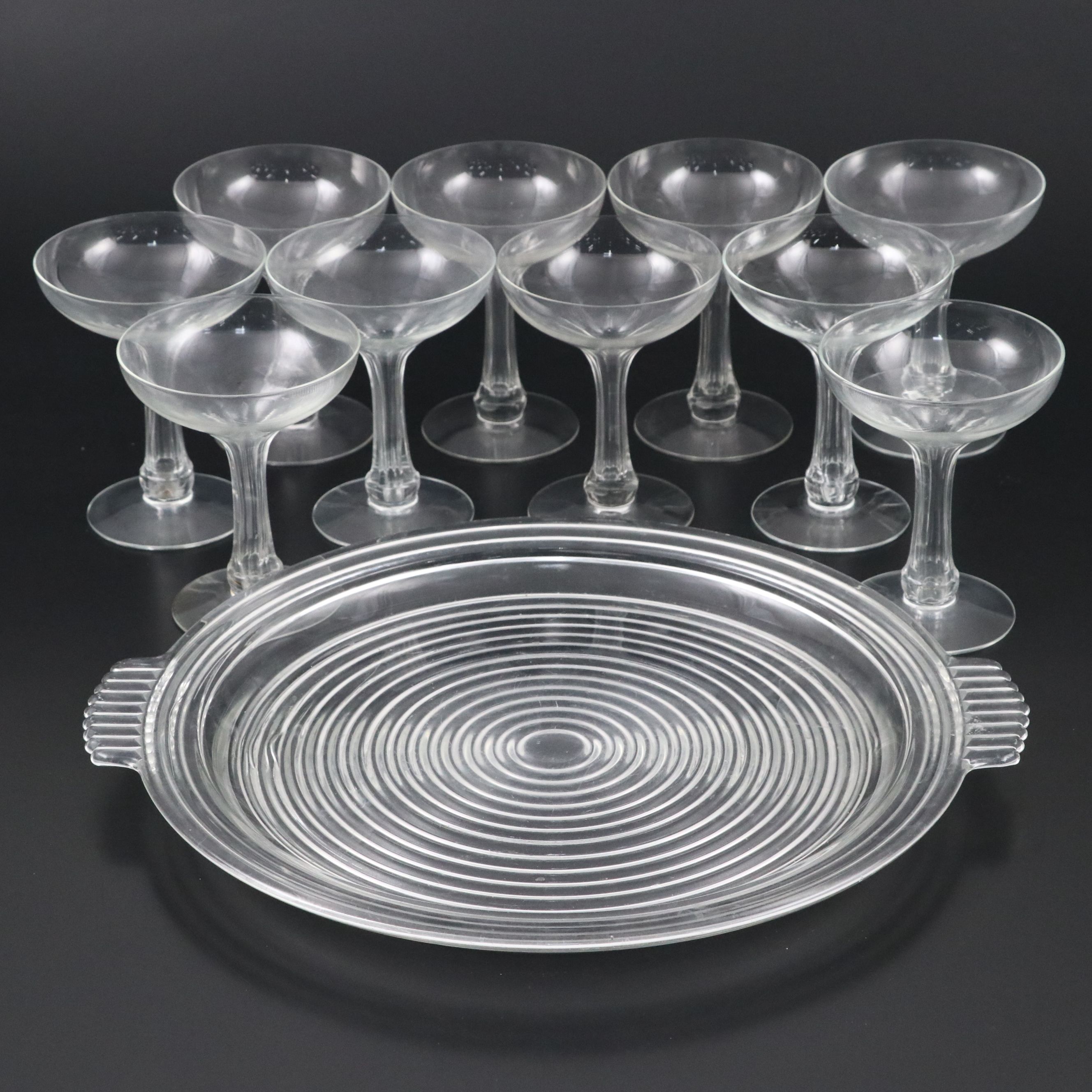 Mid-Century Glass Champagne Coupes and Tray