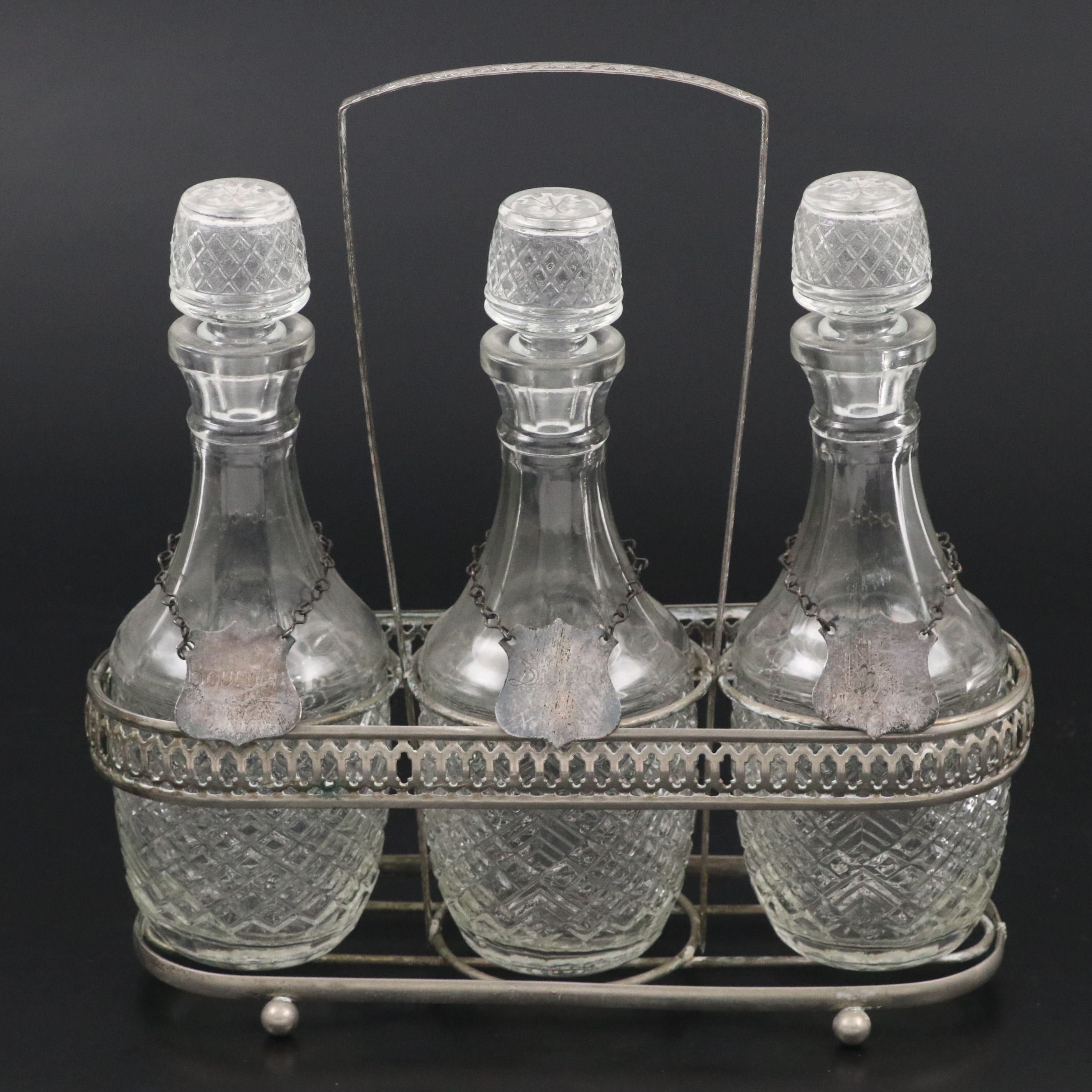 Pressed Glass Bar Decanter Set with Tags and Silver Plate Caddy