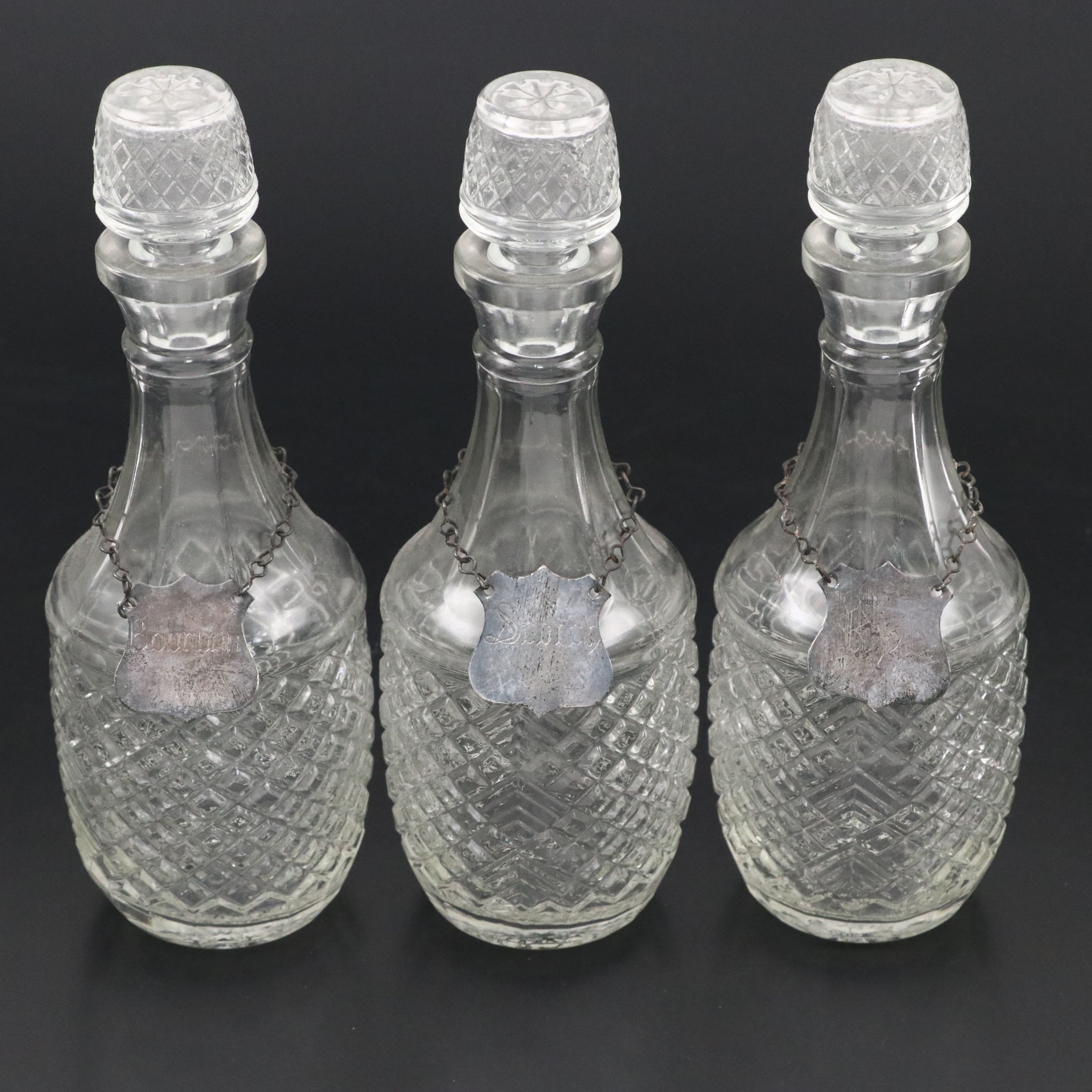 Pressed Glass Bar Decanter Set with Tags and Silver Plate Caddy