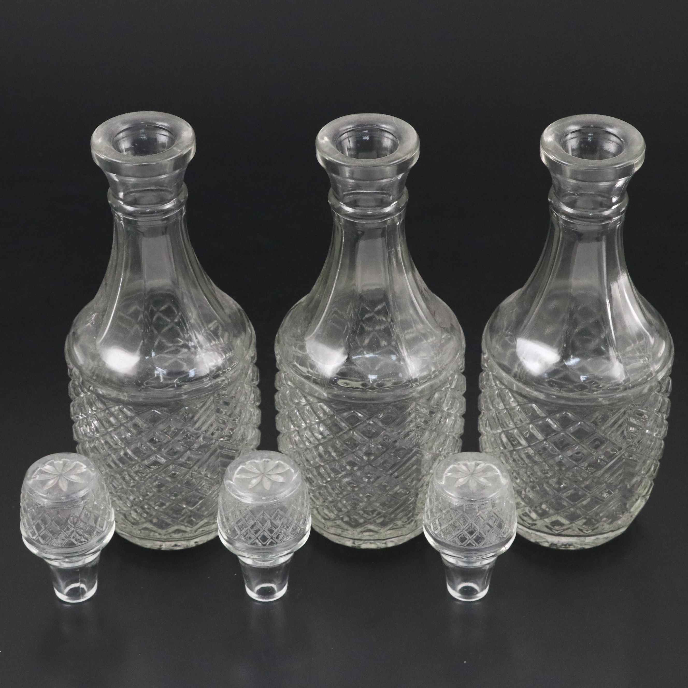 Pressed Glass Bar Decanter Set with Tags and Silver Plate Caddy