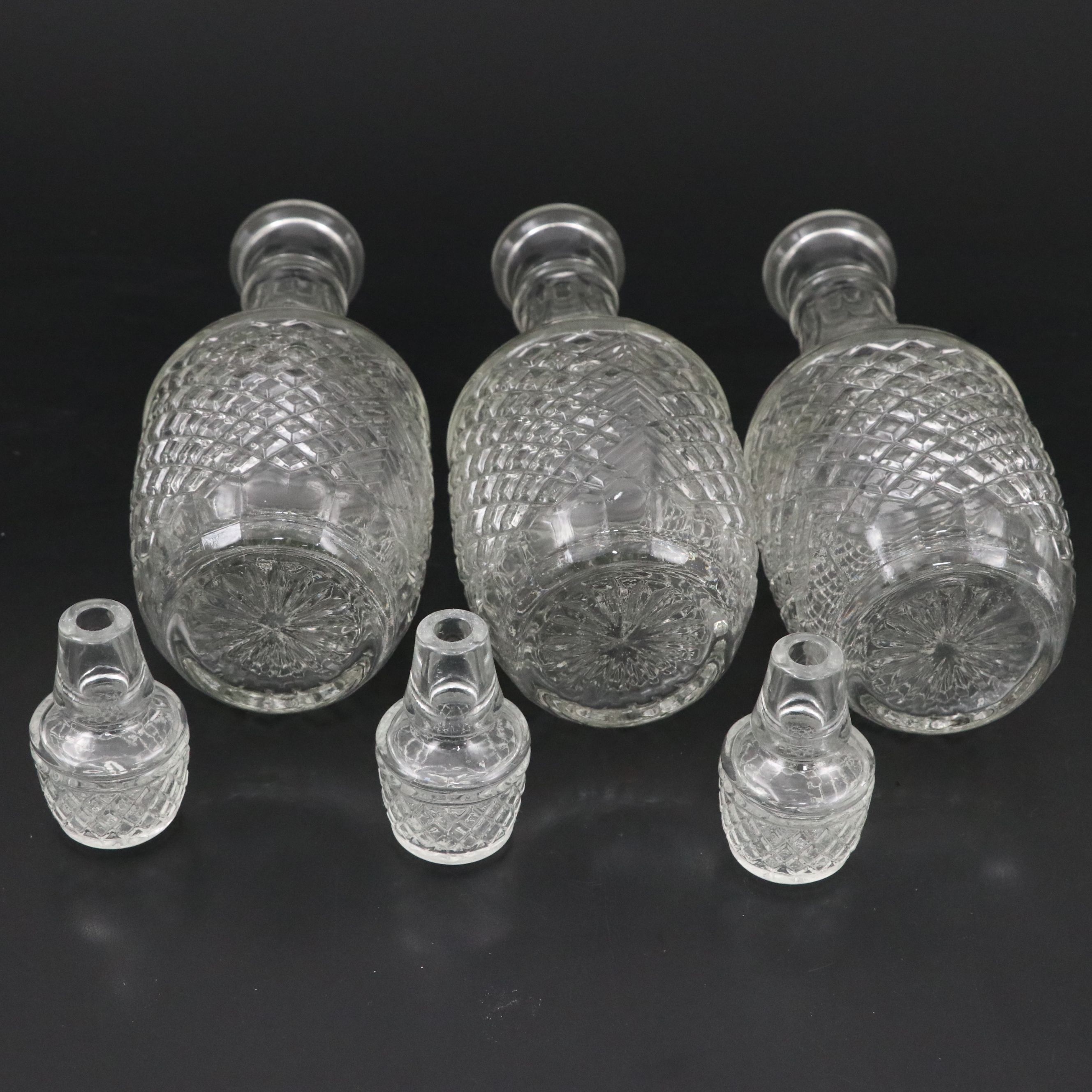 Pressed Glass Bar Decanter Set with Tags and Silver Plate Caddy