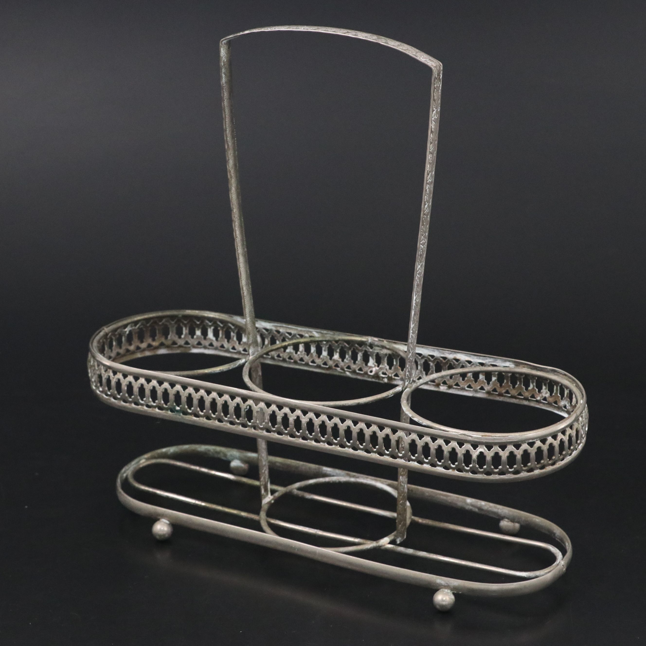 Pressed Glass Bar Decanter Set with Tags and Silver Plate Caddy