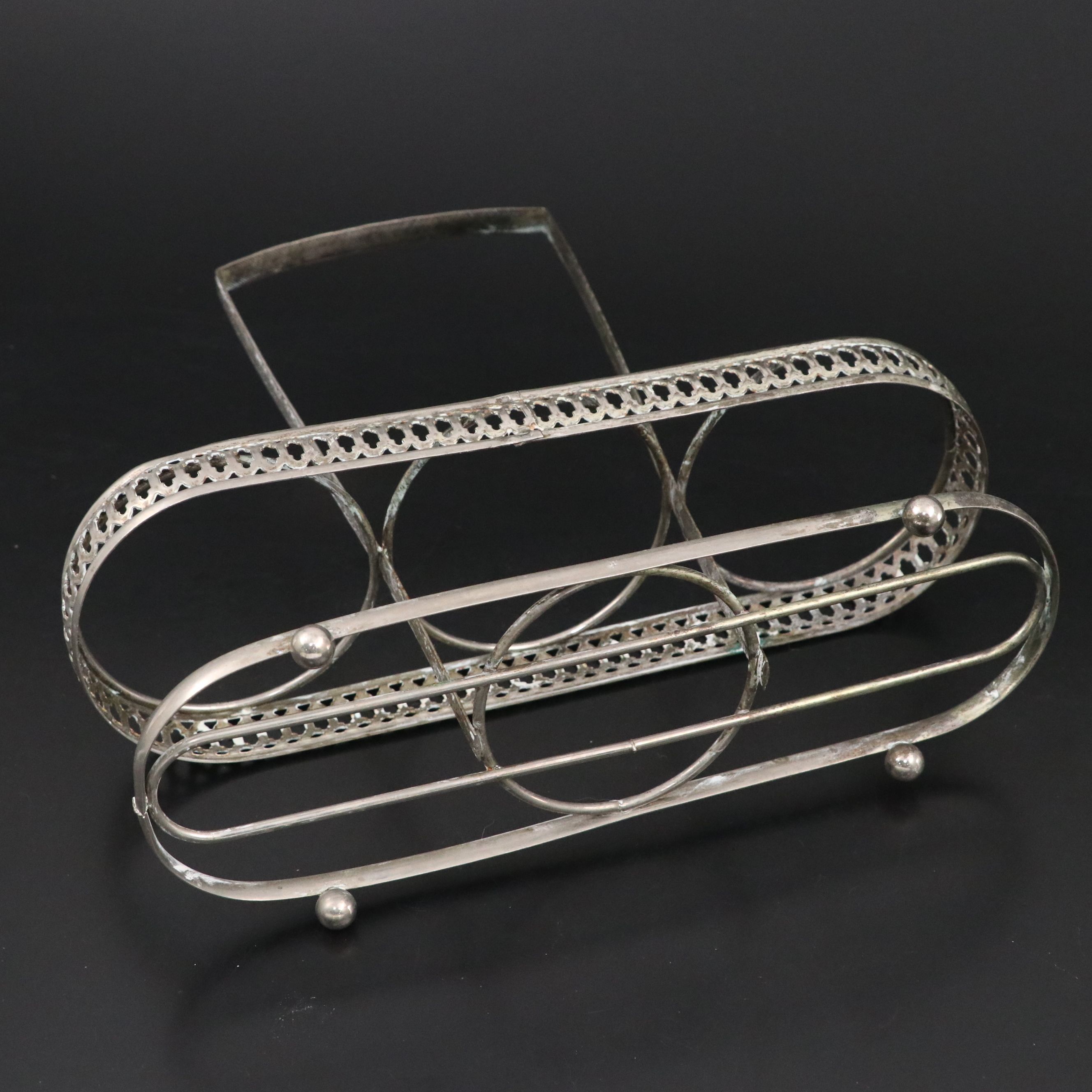 Pressed Glass Bar Decanter Set with Tags and Silver Plate Caddy