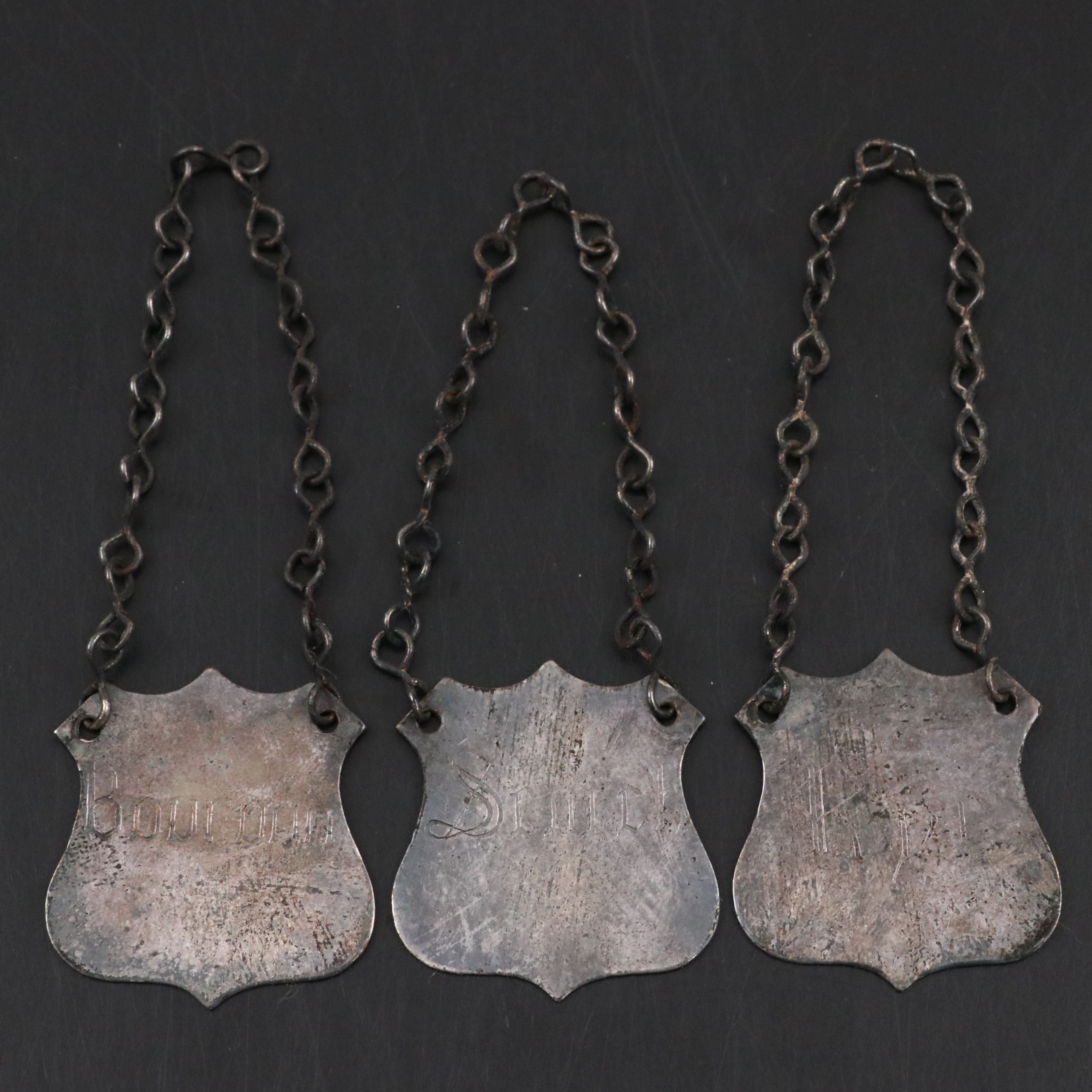 Pressed Glass Bar Decanter Set with Tags and Silver Plate Caddy