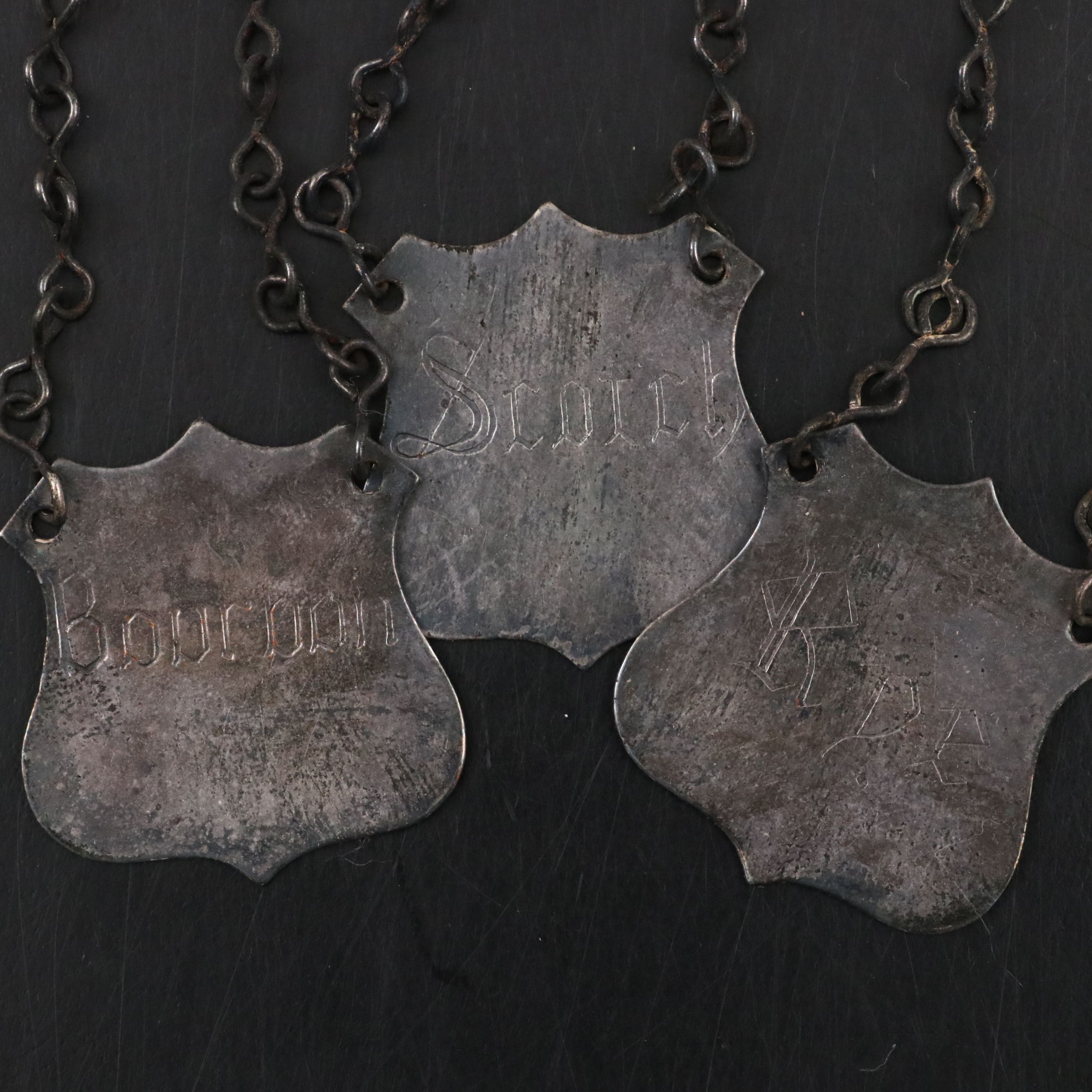 Pressed Glass Bar Decanter Set with Tags and Silver Plate Caddy