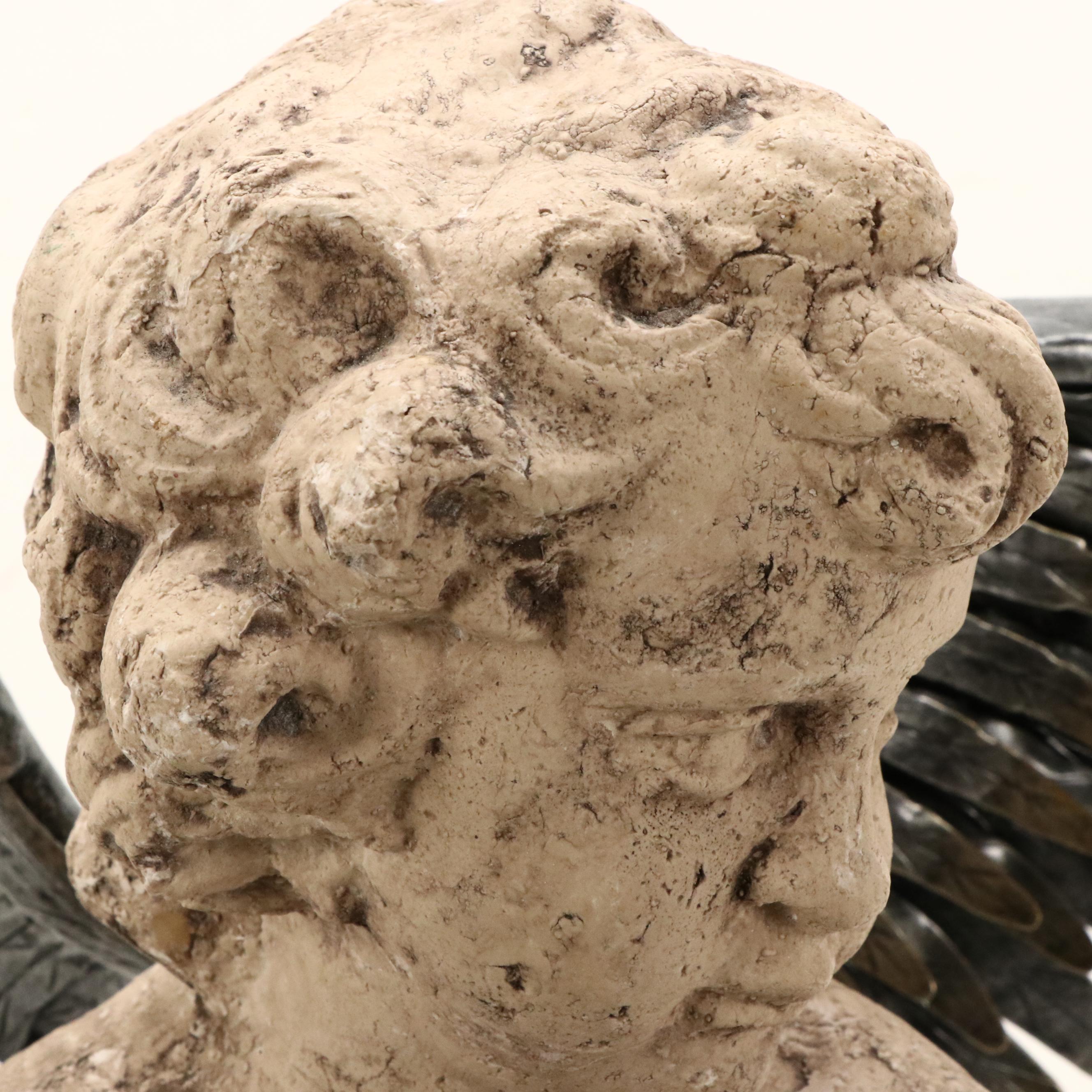 Neoclassic Revival Style Cast Concrete Cherub Bust with Metal Wings