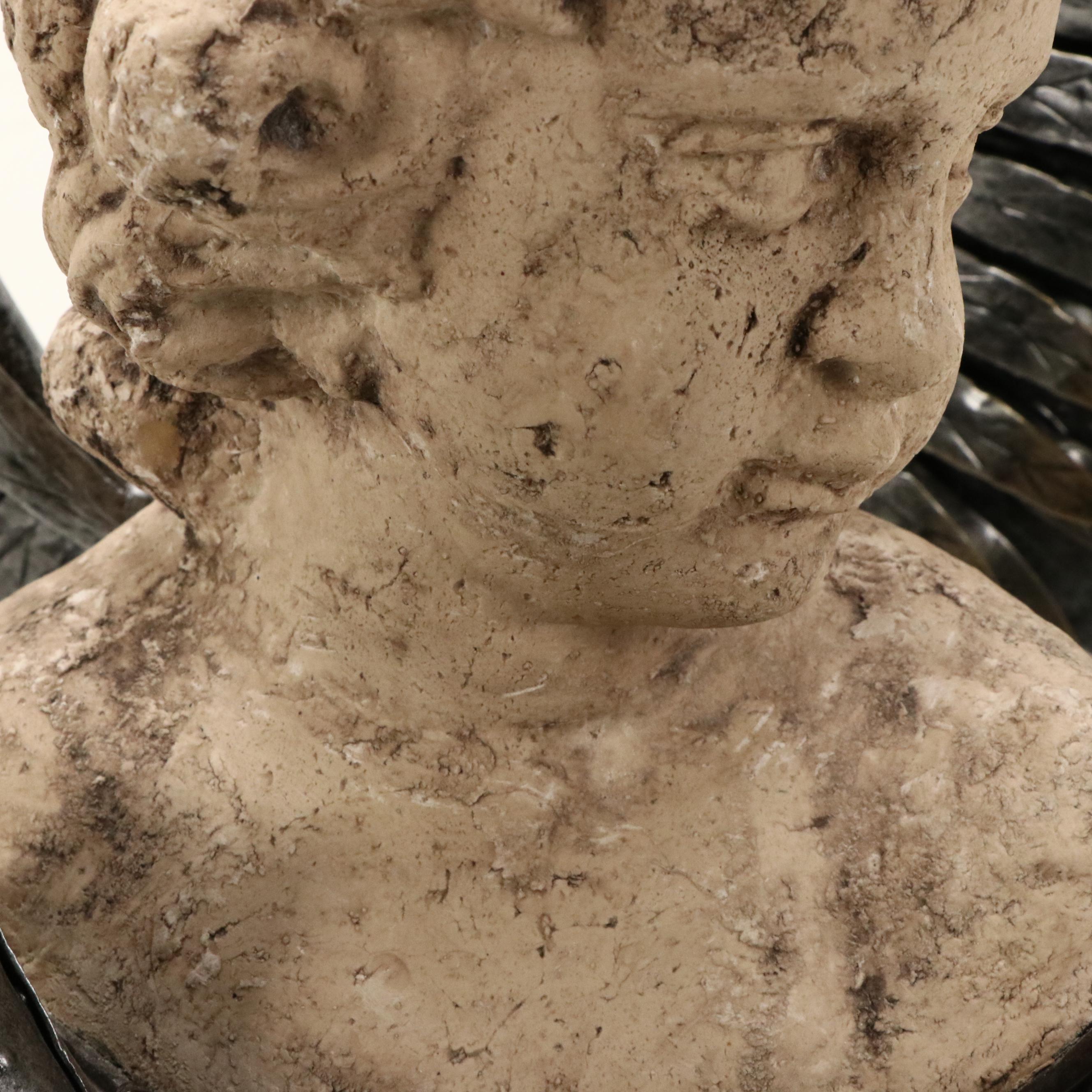 Neoclassic Revival Style Cast Concrete Cherub Bust with Metal Wings