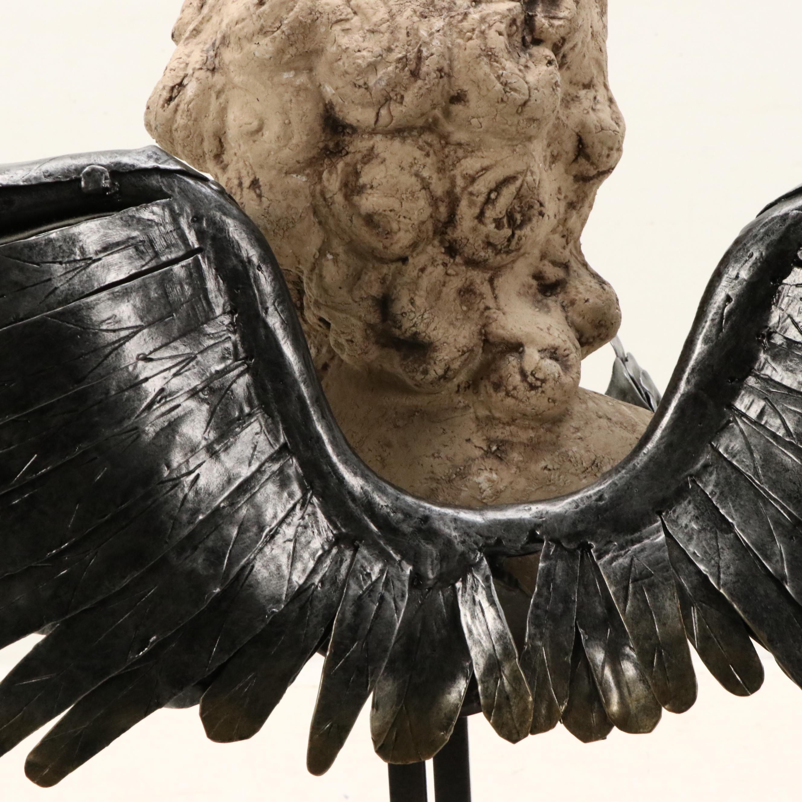 Neoclassic Revival Style Cast Concrete Cherub Bust with Metal Wings