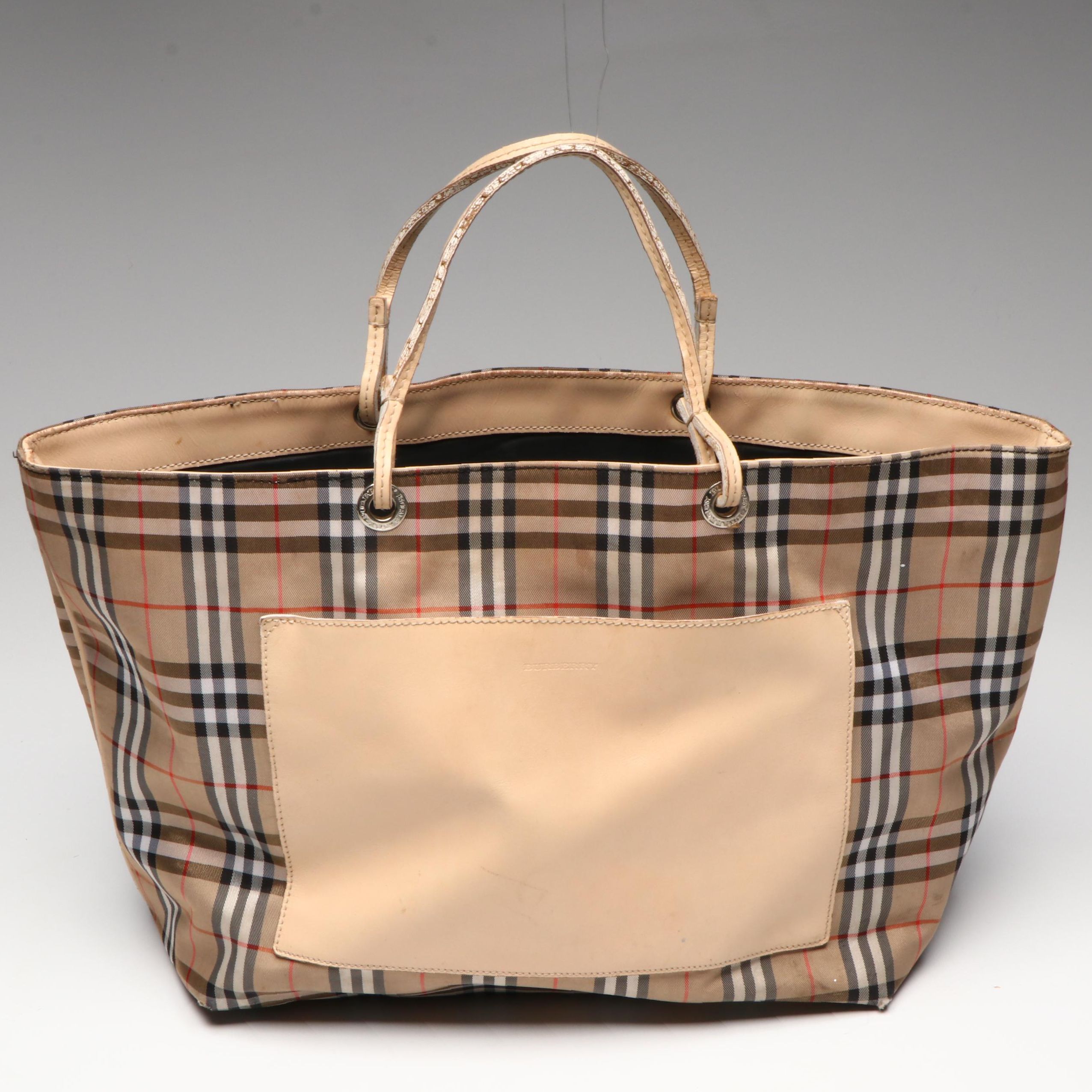 Burberry Leather Handle Tote in Nova Check Nylon Canvas and Leather