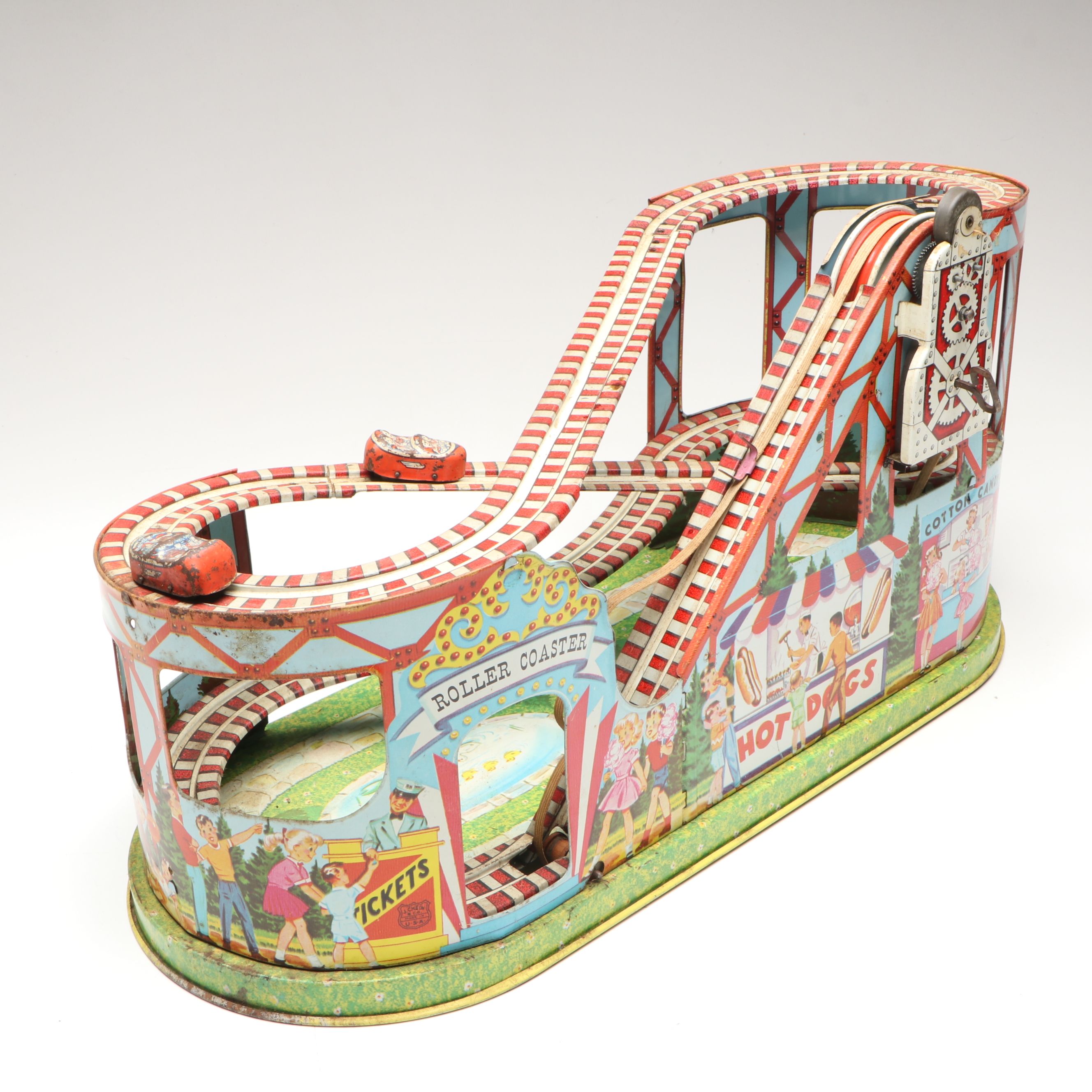 J. Chein & Co. Tin Litho Wind-Up Roller Coaster Toy, Mid-20th Century
