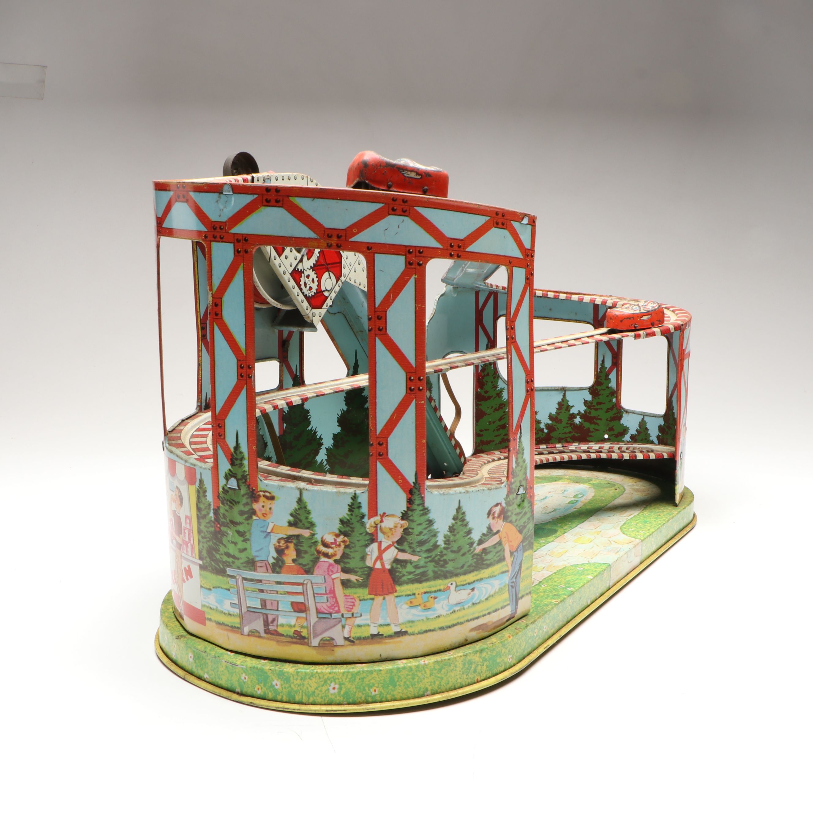 J. Chein & Co. Tin Litho Wind-Up Roller Coaster Toy, Mid-20th Century