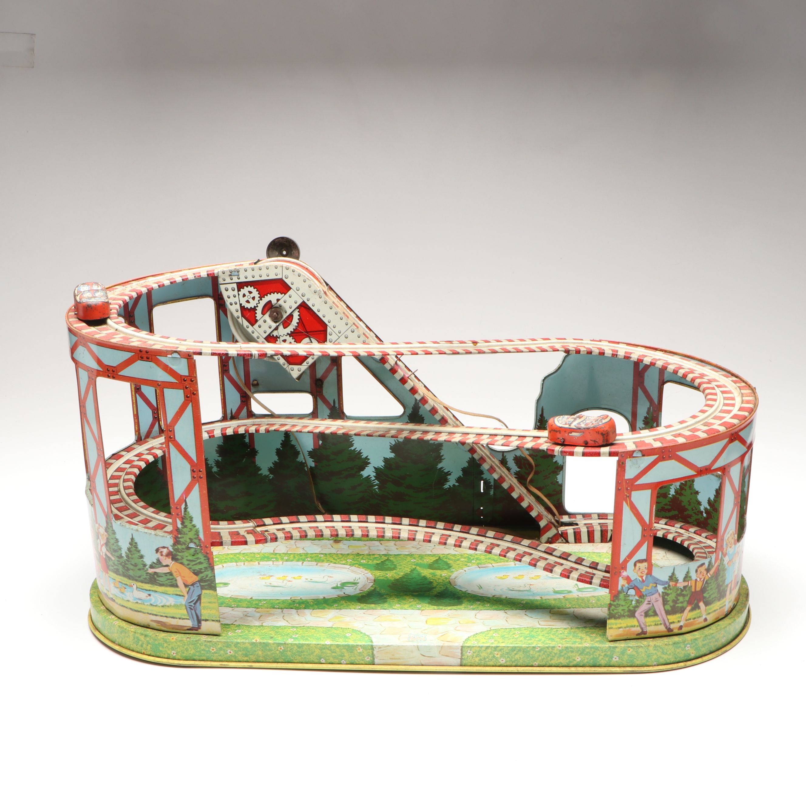 J. Chein & Co. Tin Litho Wind-Up Roller Coaster Toy, Mid-20th Century