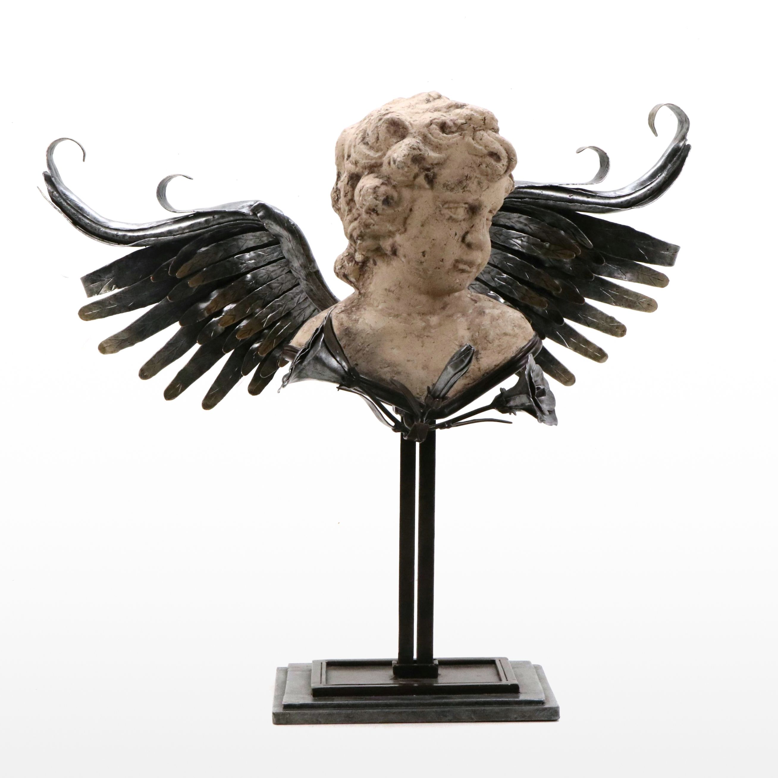 Neoclassic Revival Style Cast Concrete Cherub Bust with Metal Wings