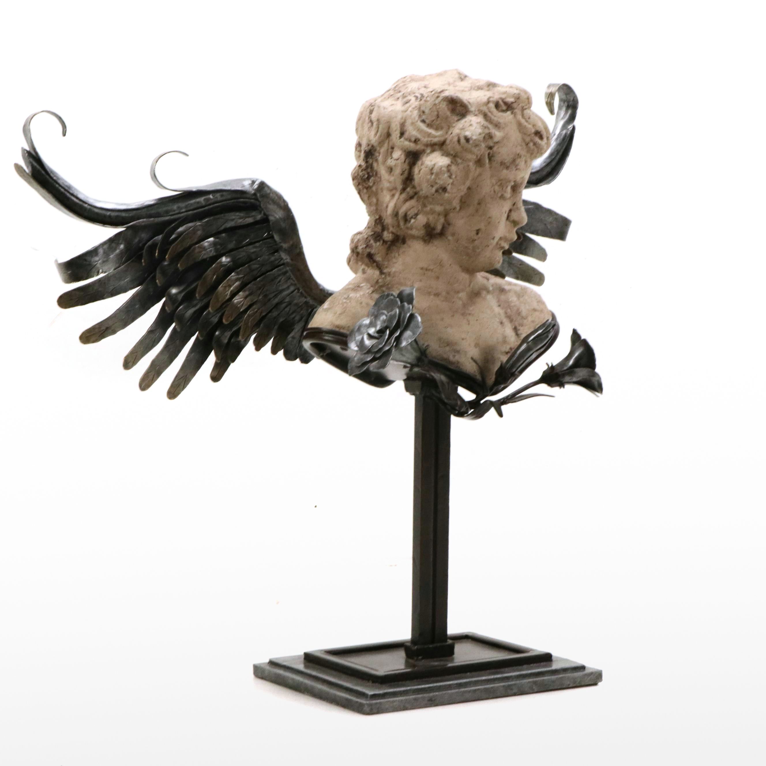 Neoclassic Revival Style Cast Concrete Cherub Bust with Metal Wings