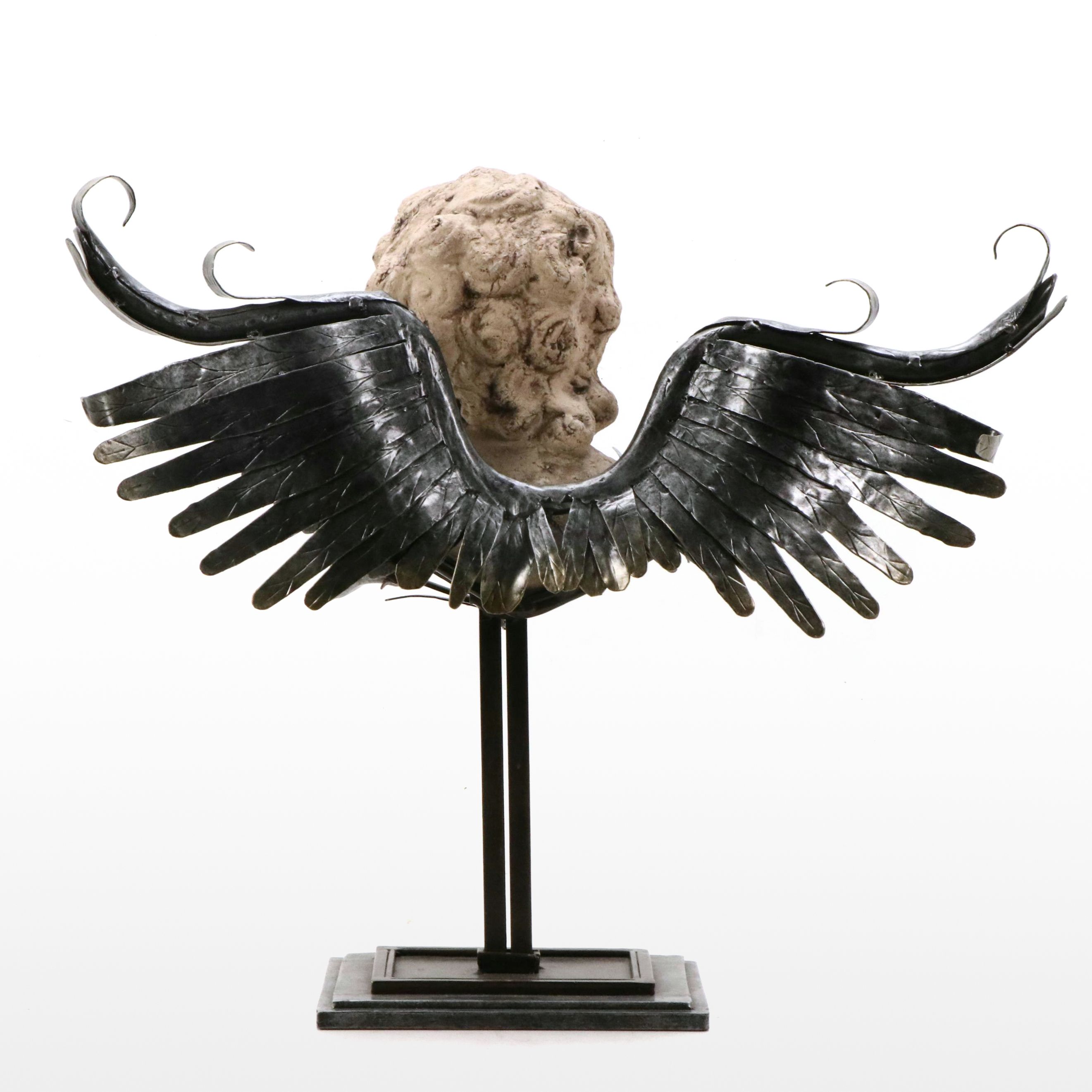 Neoclassic Revival Style Cast Concrete Cherub Bust with Metal Wings