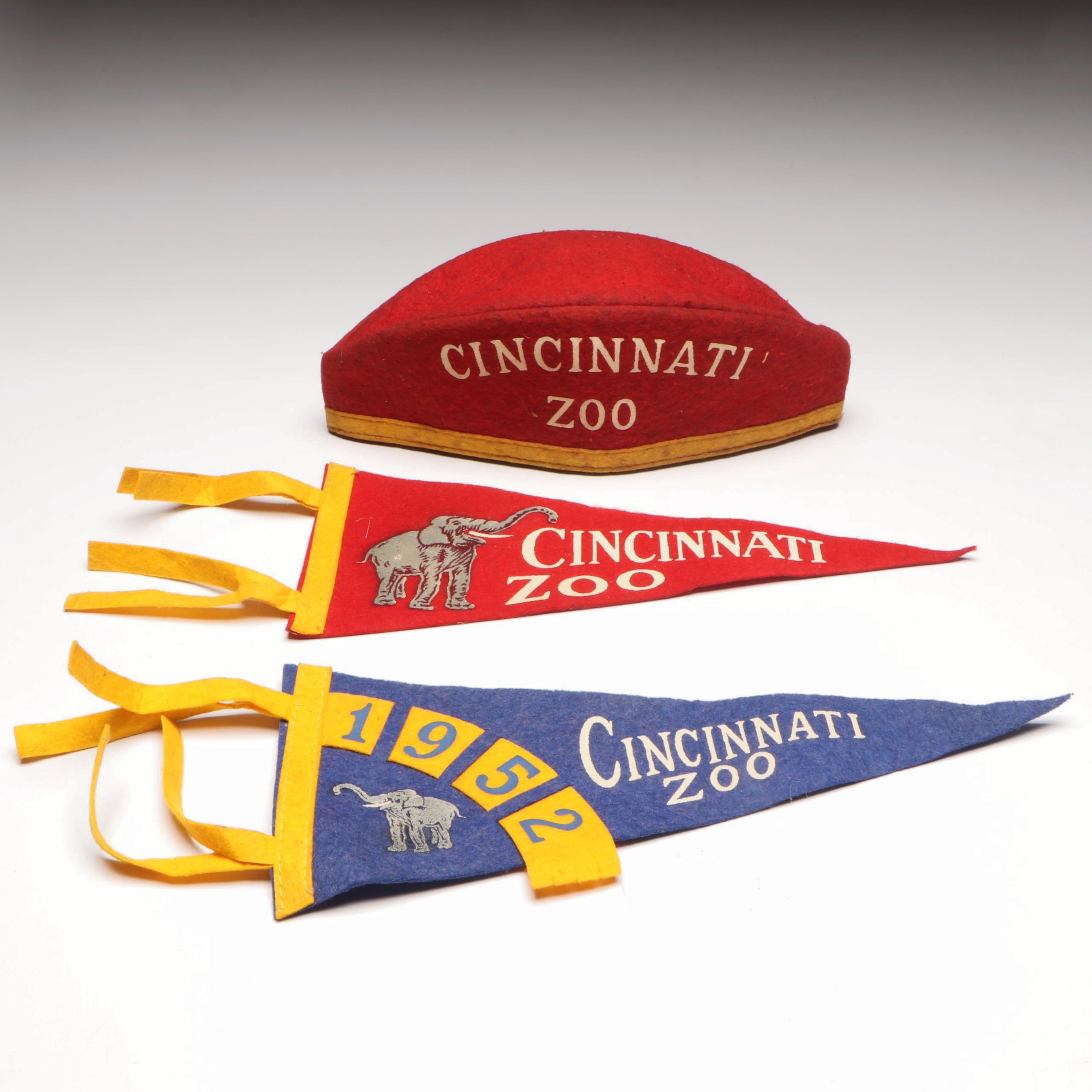 Cincinnati Zoo Felt Pennant Souvenir Flags with Cap, Mid-20th Century