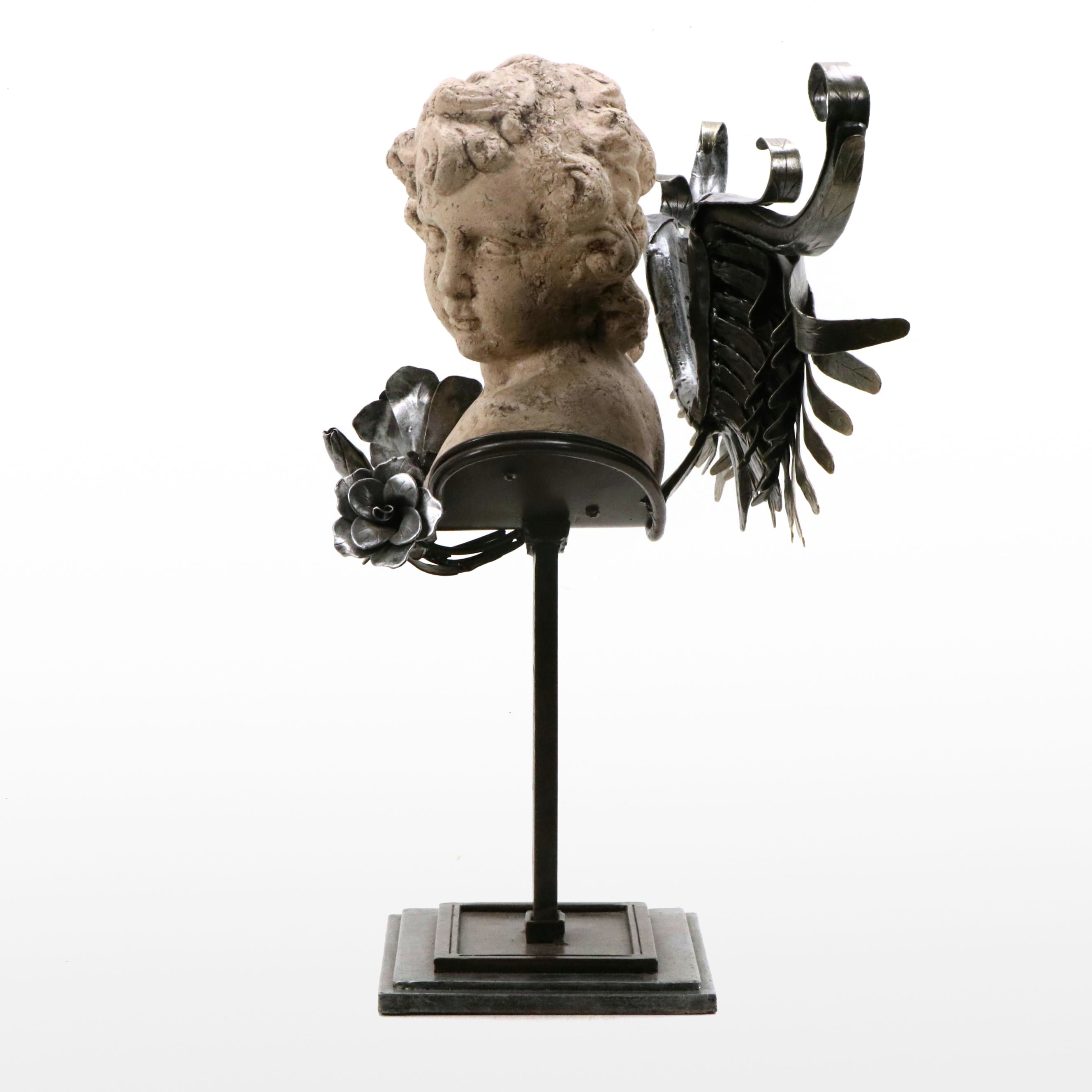 Neoclassic Revival Style Cast Concrete Cherub Bust with Metal Wings