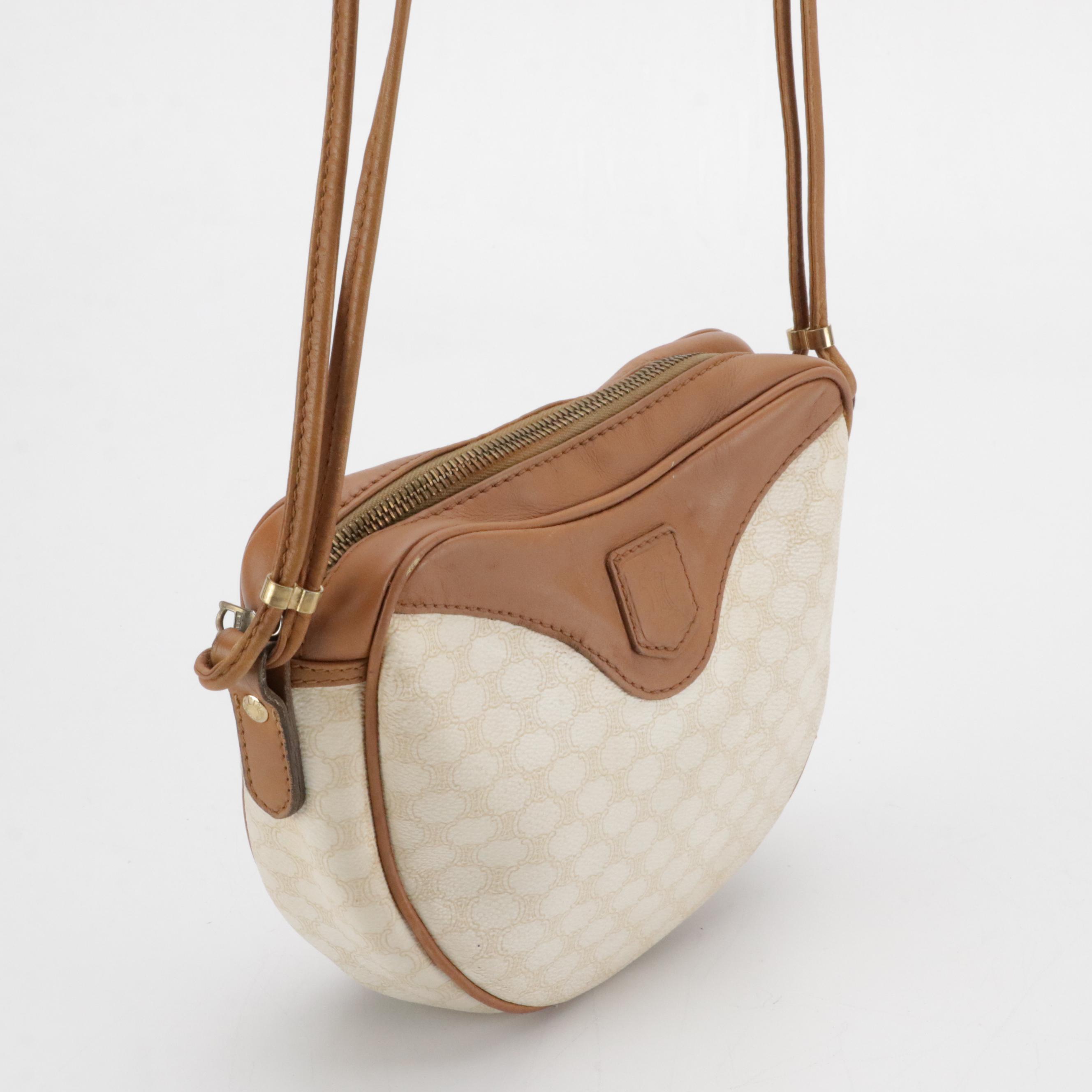 Celine Crossbody Bag in White Macadam Canvas and Brown Leather Trim