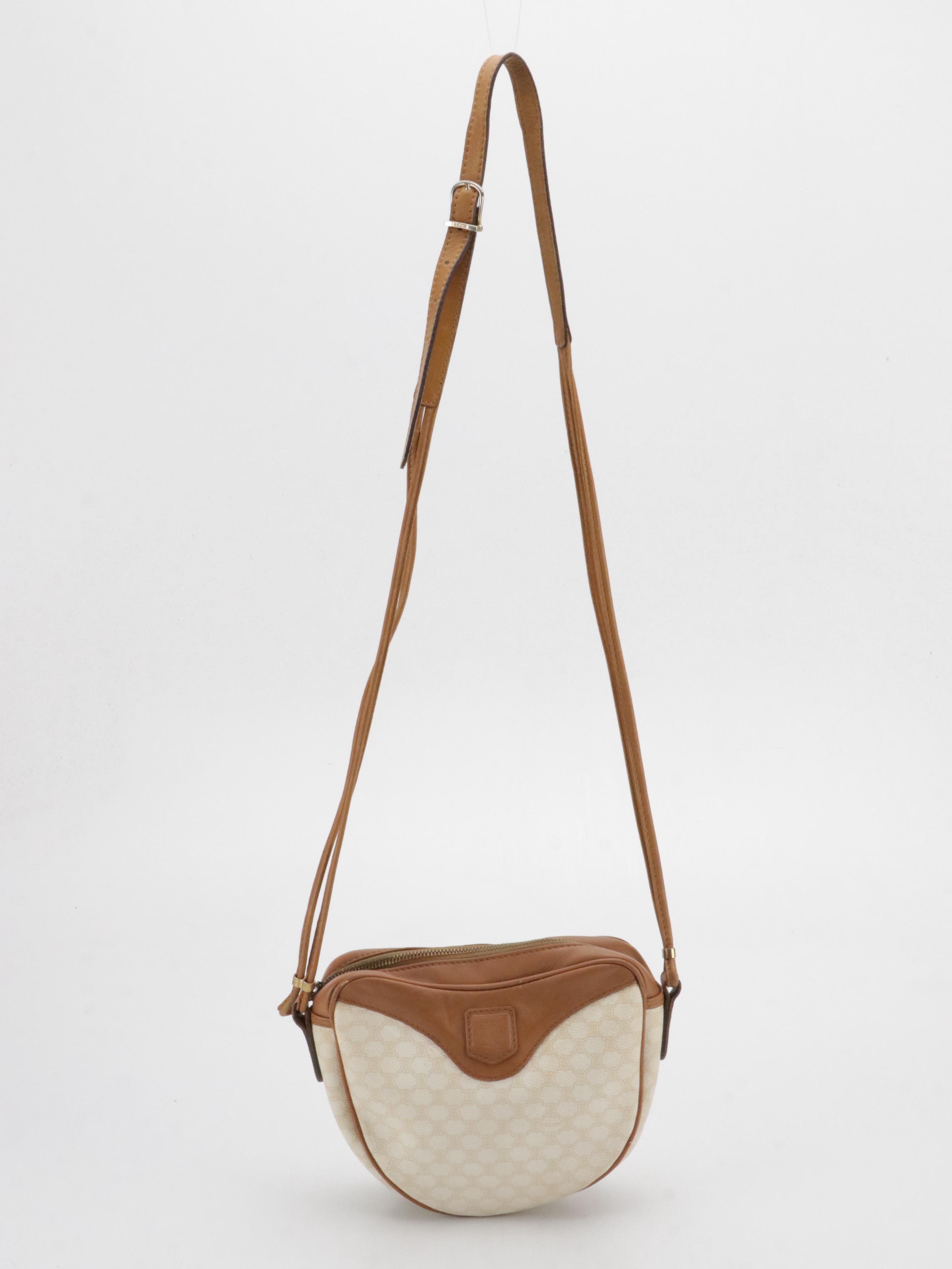 Celine Crossbody Bag in White Macadam Canvas and Brown Leather Trim