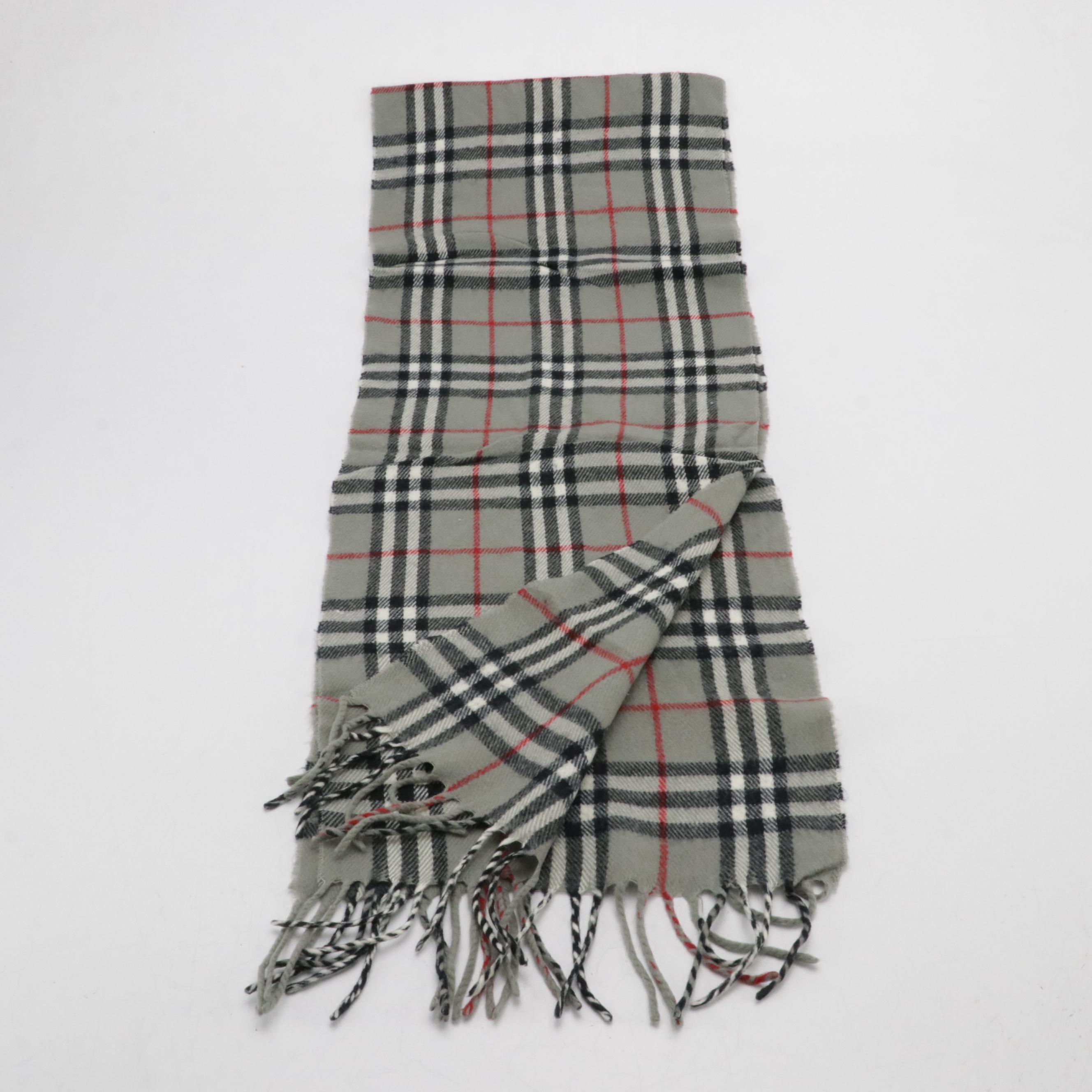 Burberry London Grey House Check Lambswool Fringe Scarf