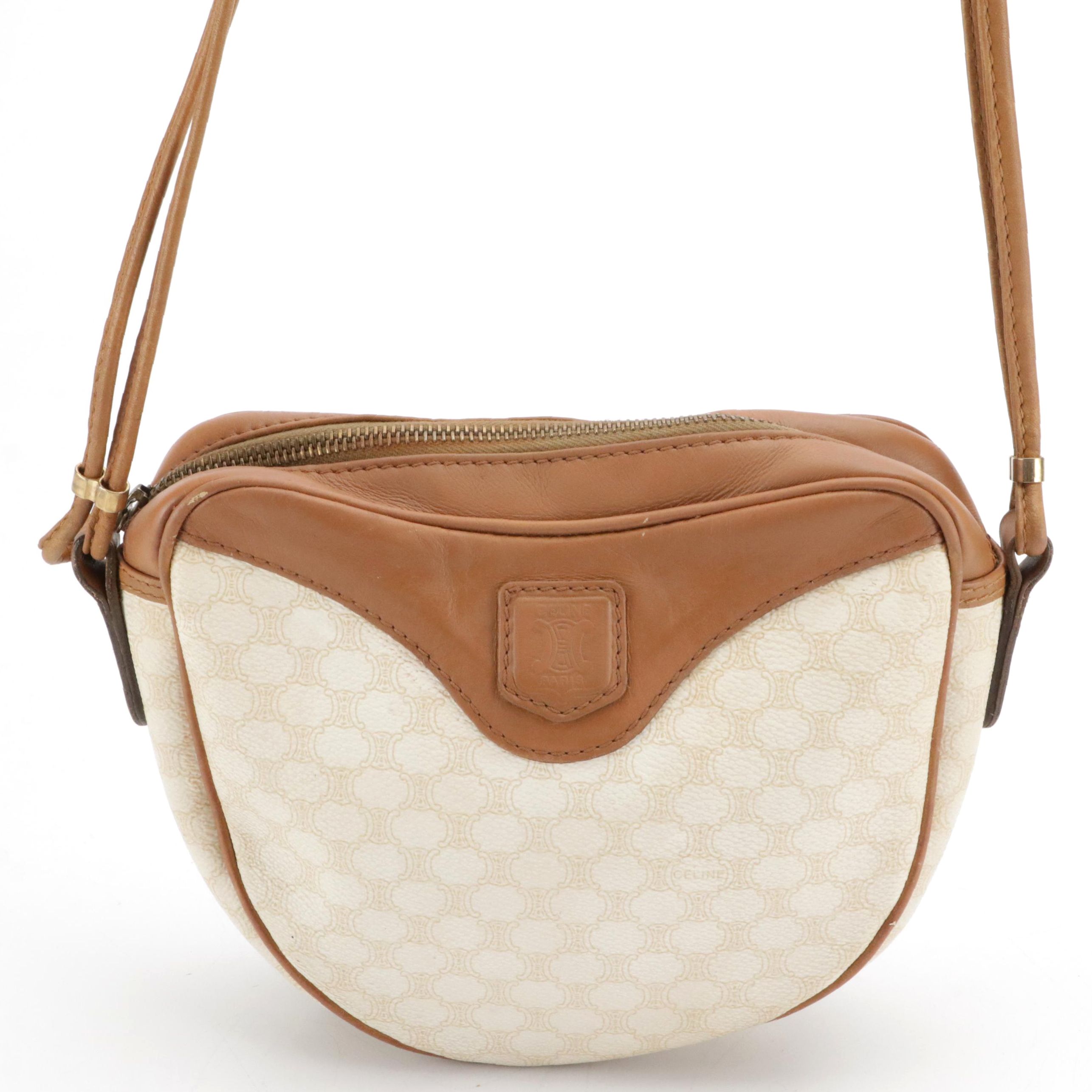 Celine Crossbody Bag in White Macadam Canvas and Brown Leather Trim