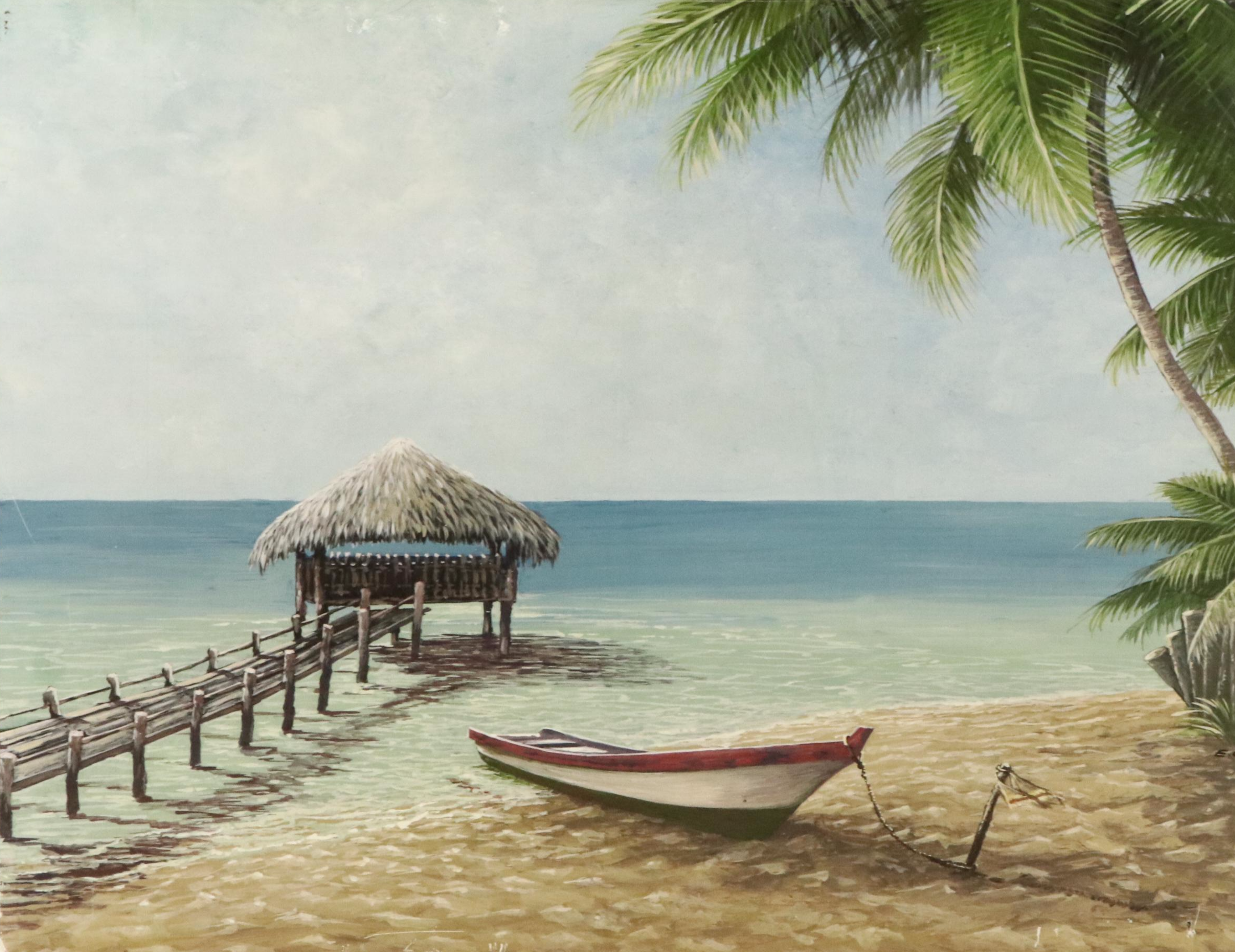 Offset Lithograph of Beach Scene with Dock on Cardboard