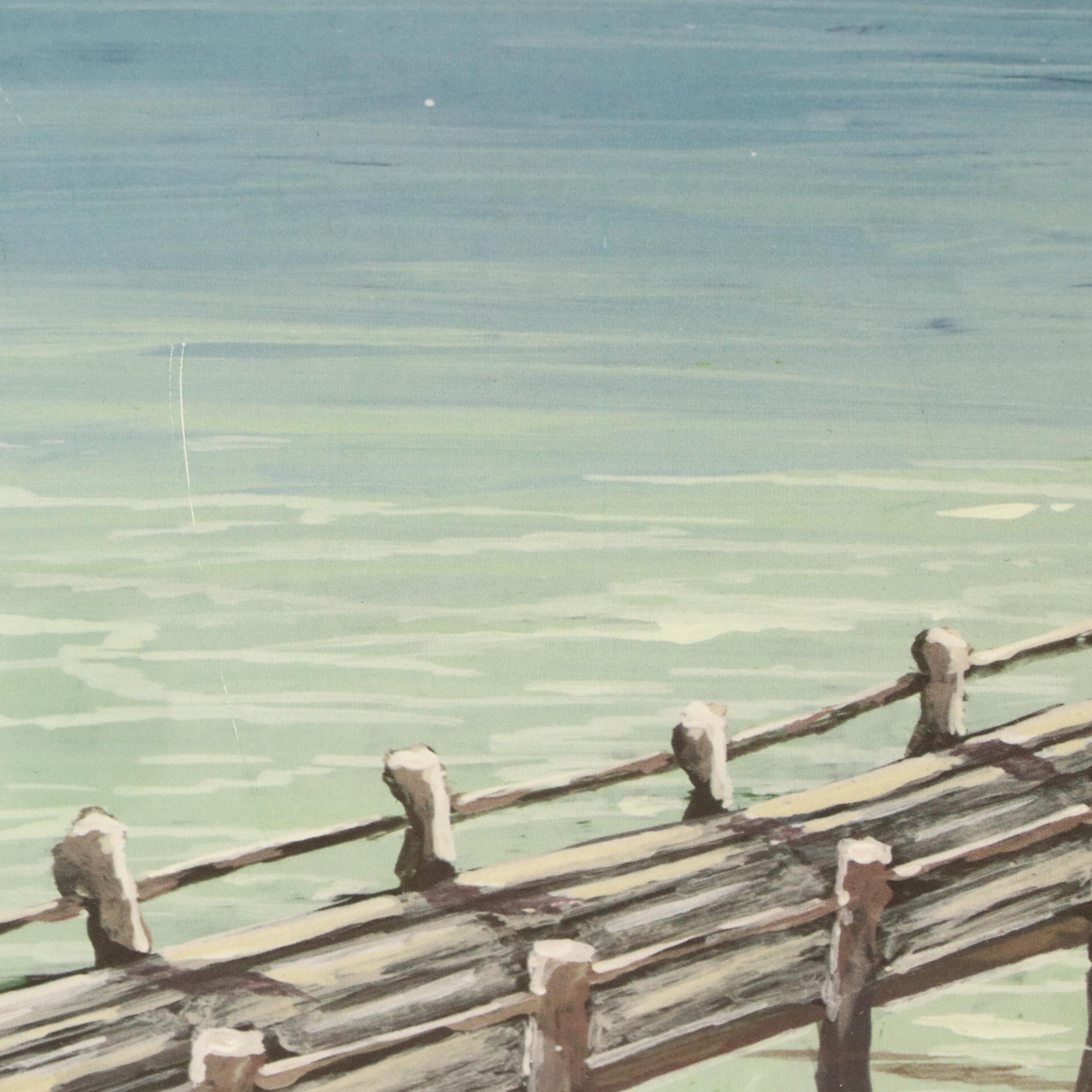 Offset Lithograph of Beach Scene with Dock on Cardboard