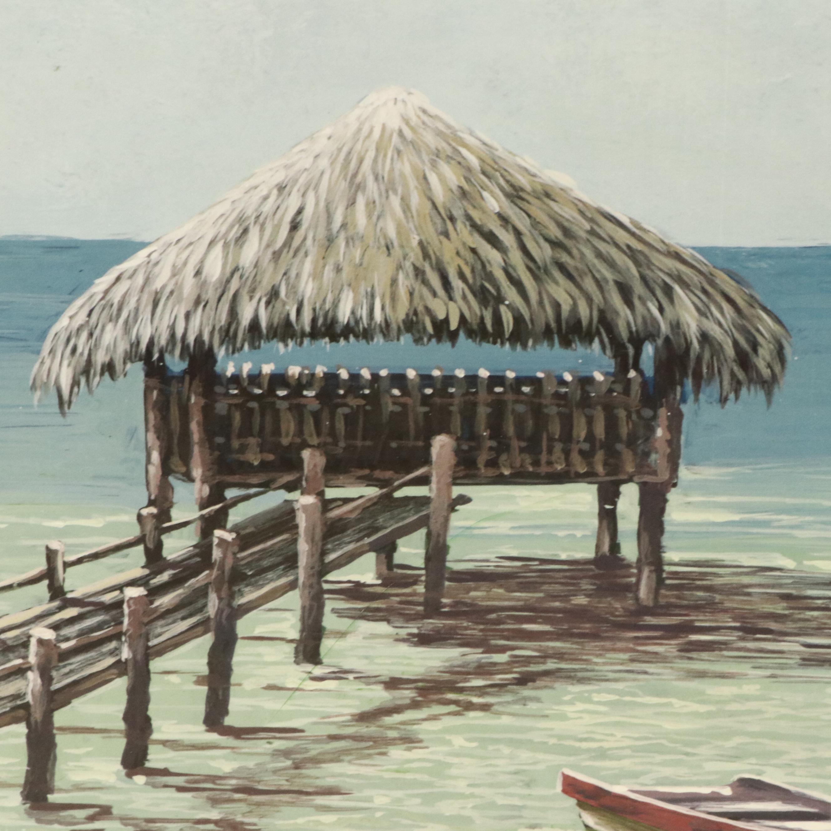 Offset Lithograph of Beach Scene with Dock on Cardboard