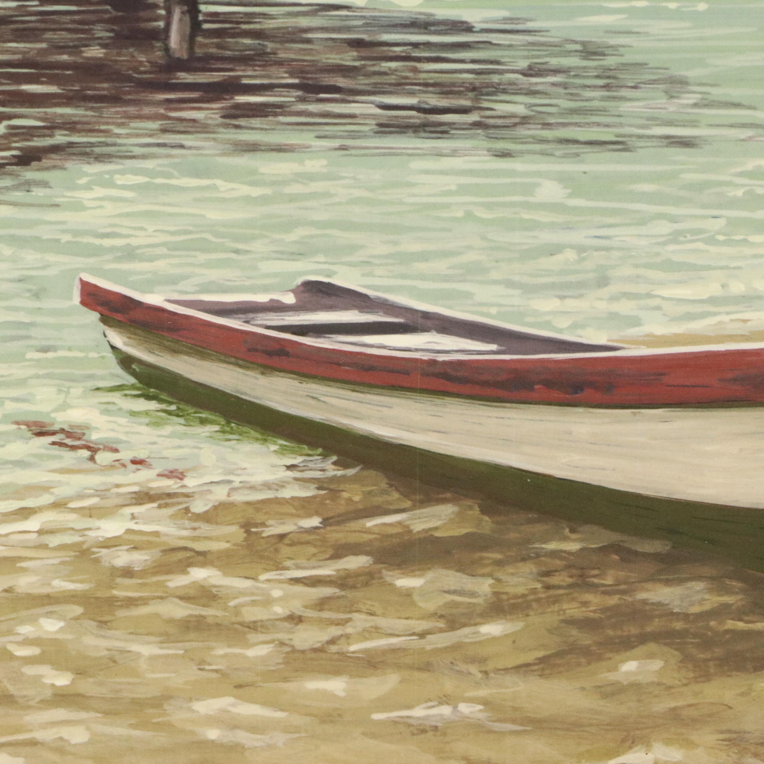 Offset Lithograph of Beach Scene with Dock on Cardboard