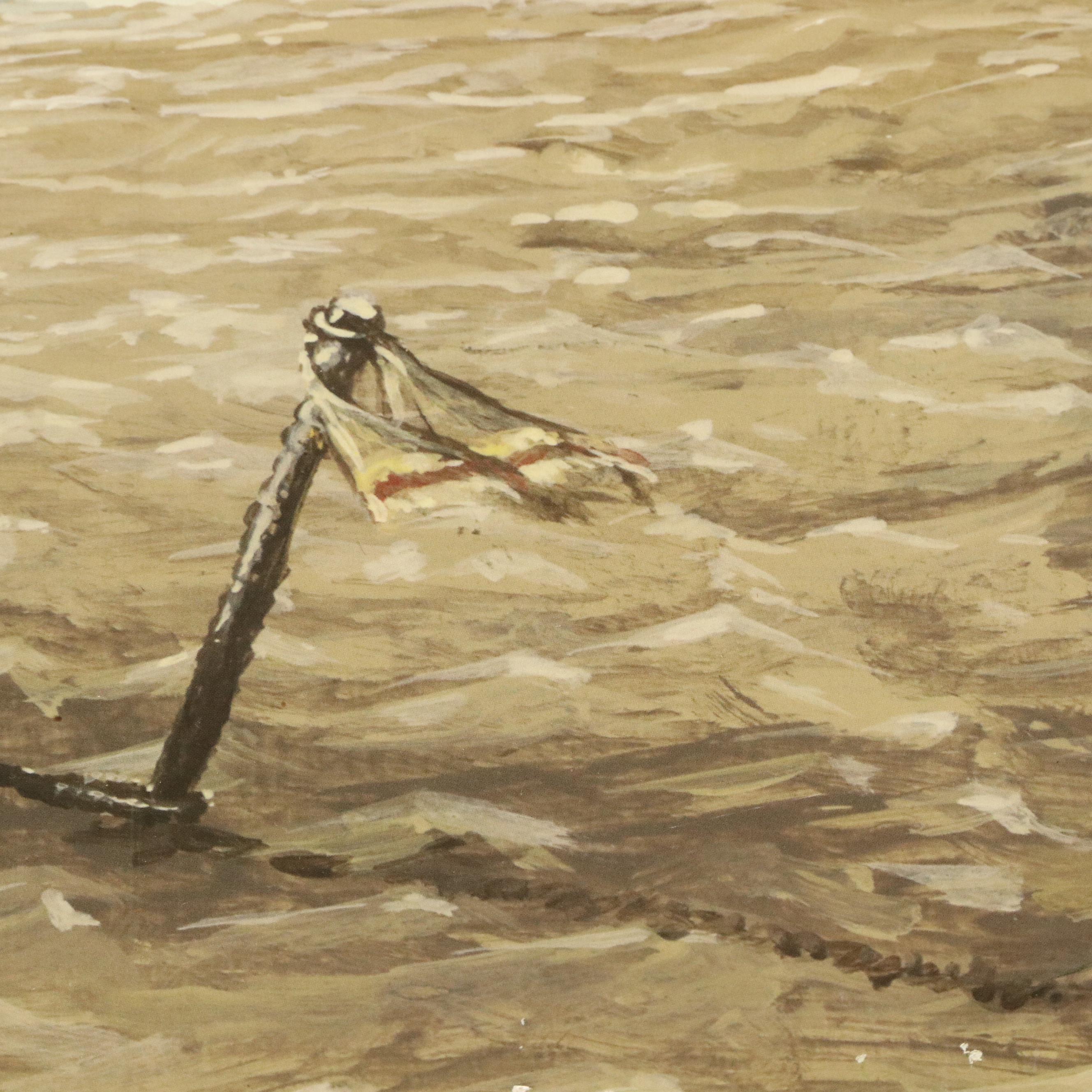 Offset Lithograph of Beach Scene with Dock on Cardboard