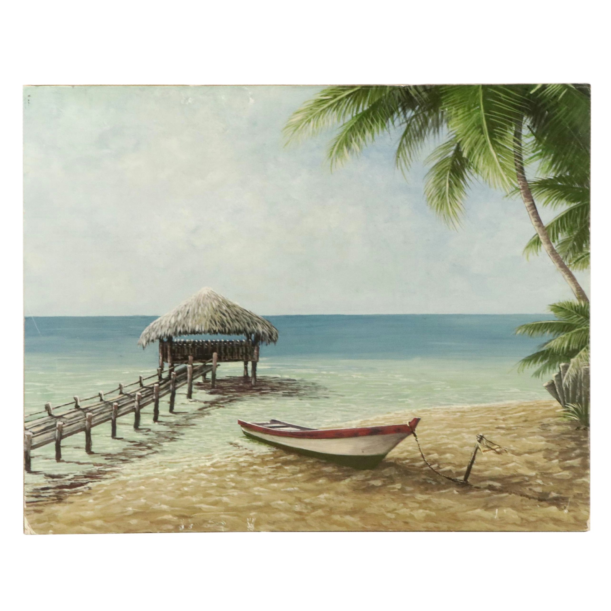 Offset Lithograph of Beach Scene with Dock on Cardboard