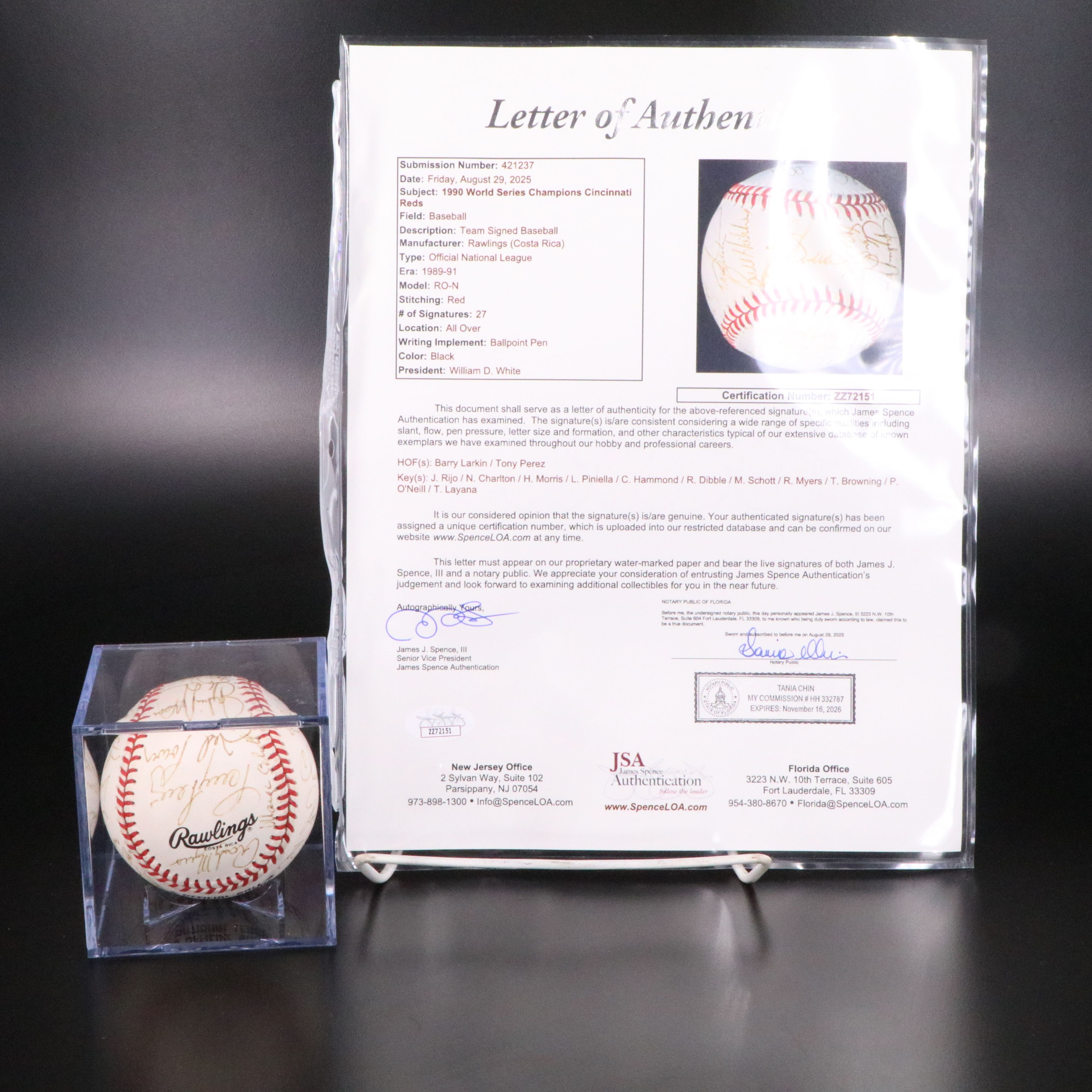 1990 Cincinnati Reds Team Signed Baseball with Tony Perez and Barry Larkin, JSA