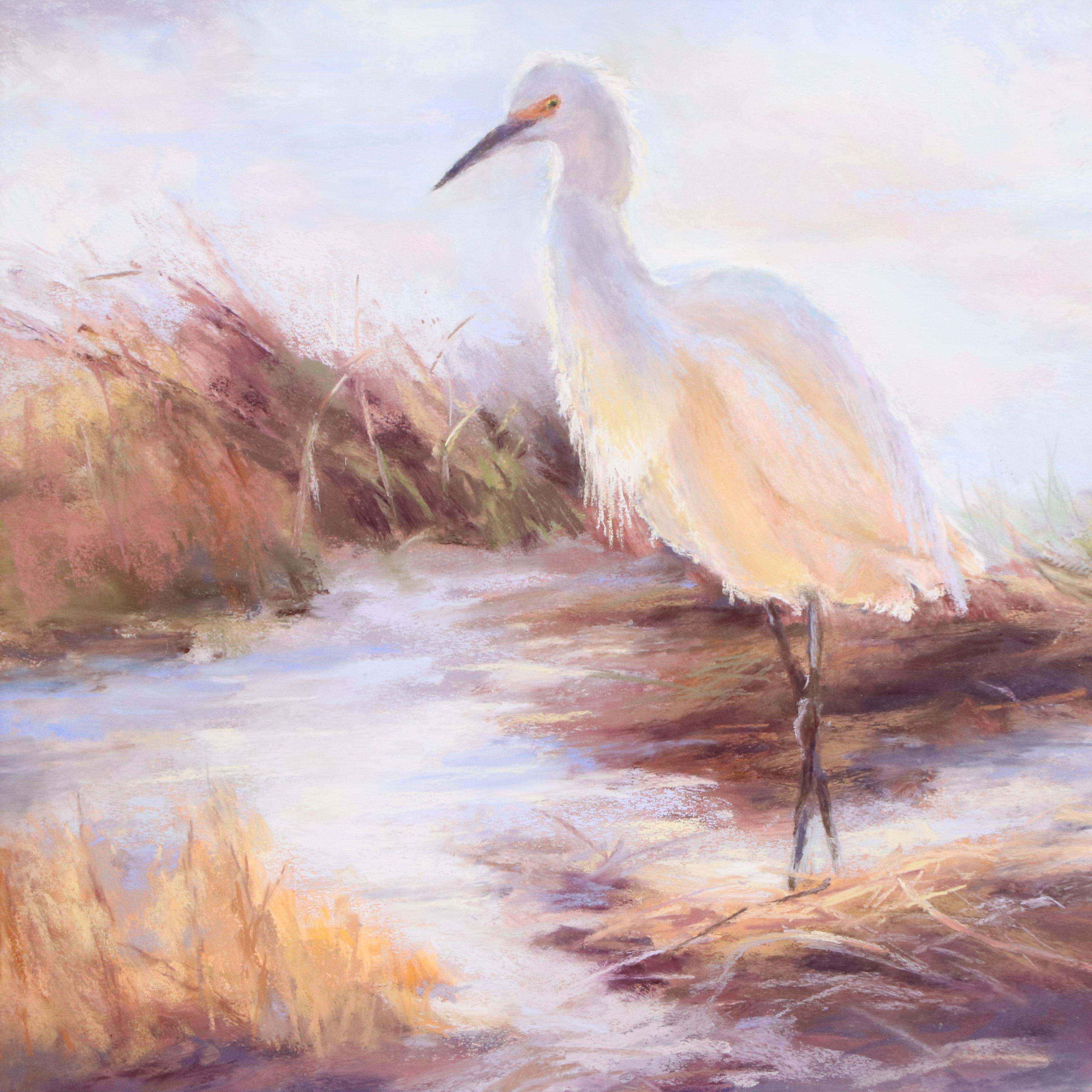 K. Anderson Coastal Scene With Egret Pastel Drawing