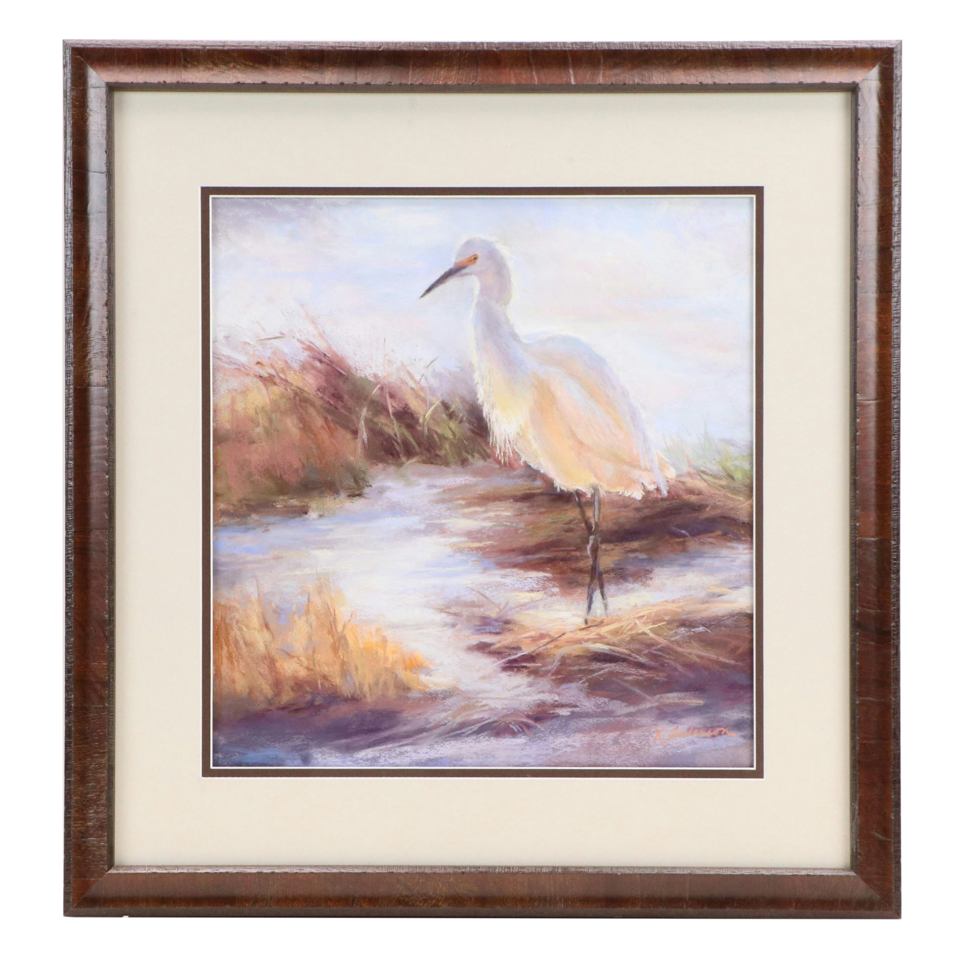 K. Anderson Coastal Scene With Egret Pastel Drawing